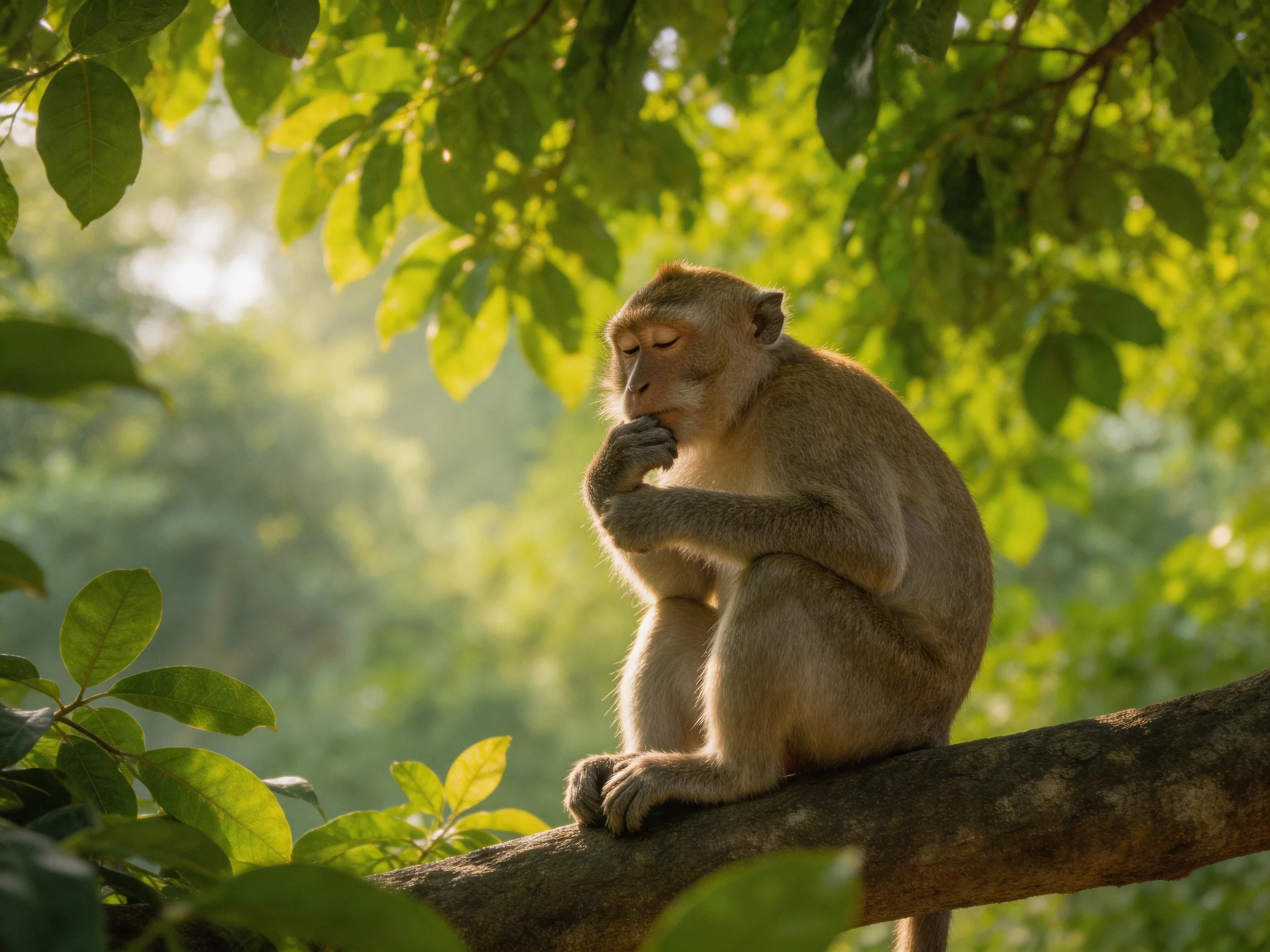 A contemplative monkey sits on a tree branch amid lush green foliage