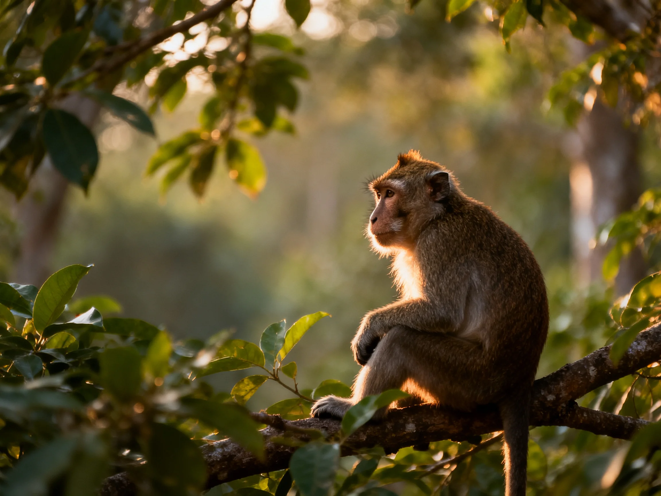 A monkey sits thoughtfully on a tree branch amidst sunlit forest foliage.