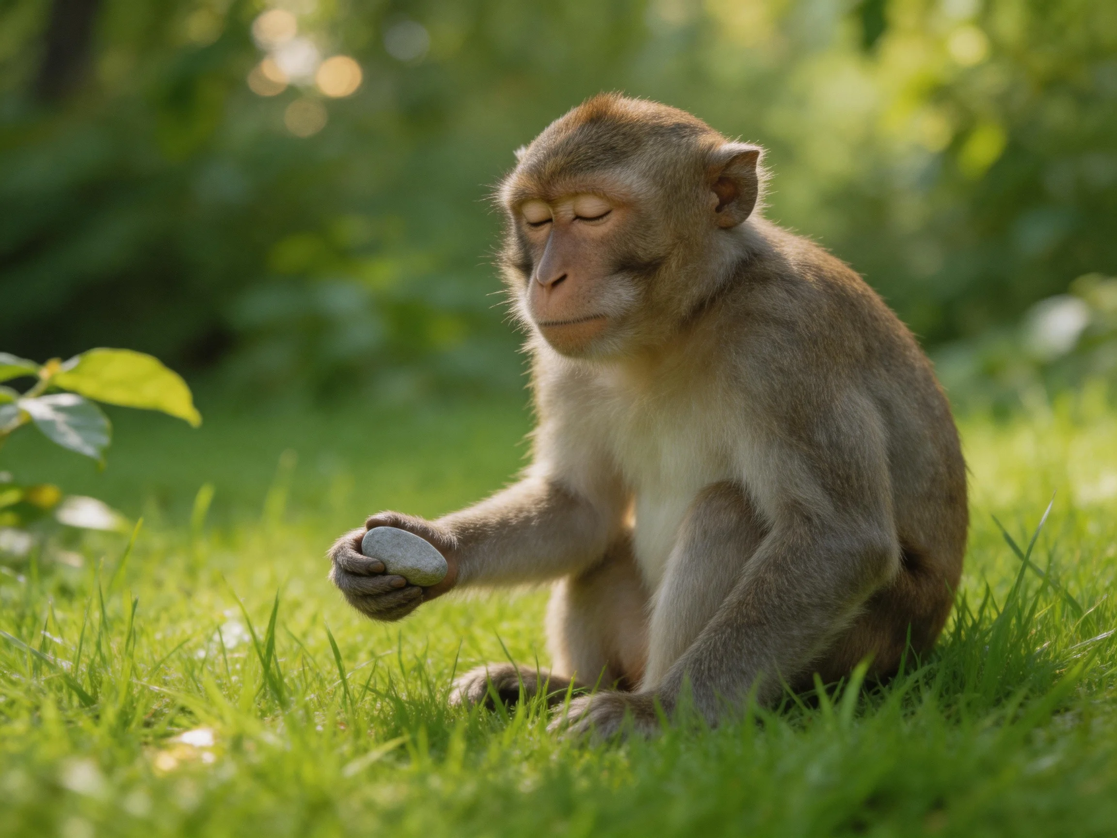 A contemplative monkey sits on lush green grass holding a smooth stone