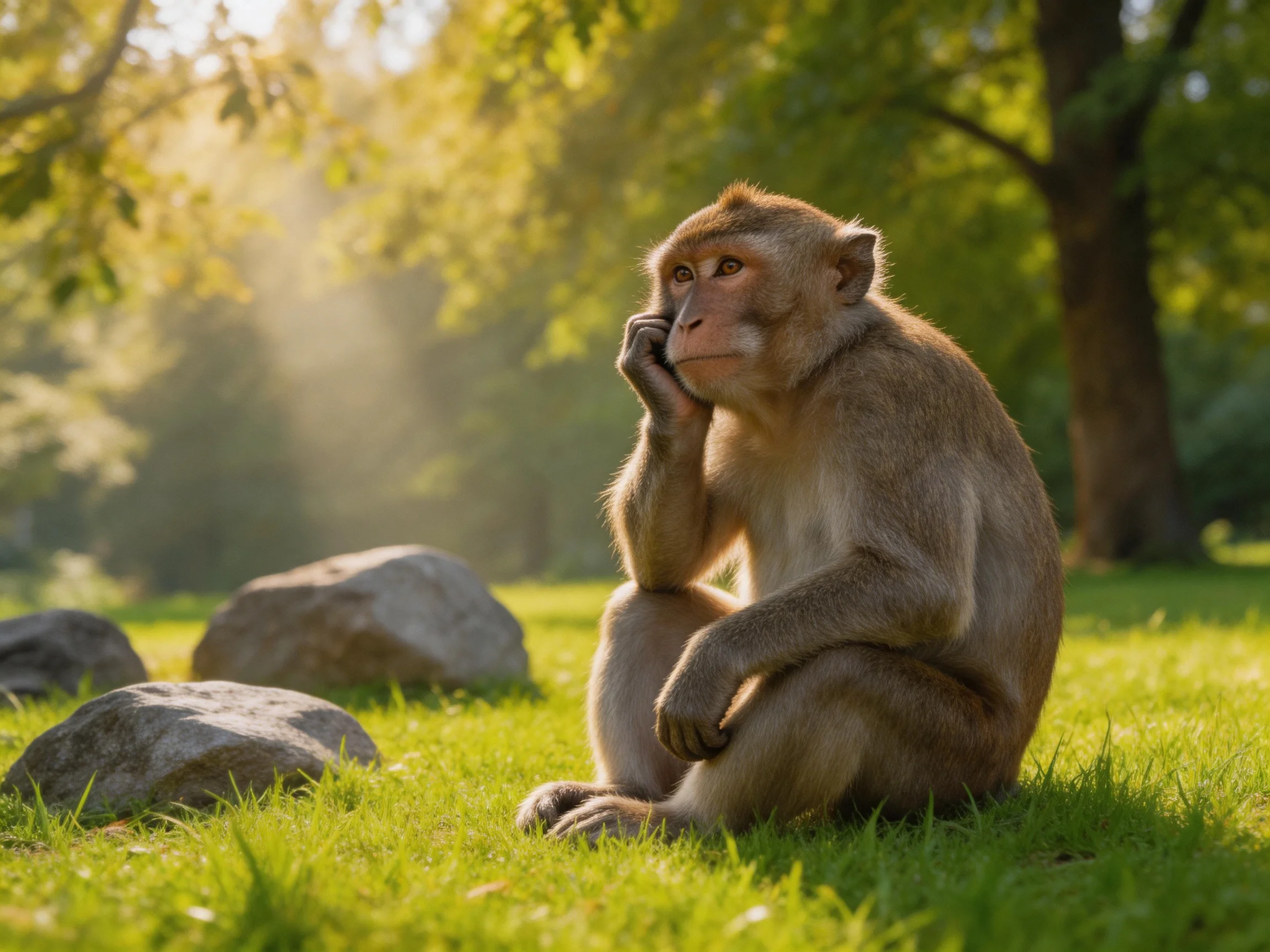 A monkey sits thoughtfully on grass near rocks in a sunlit outdoor setting.