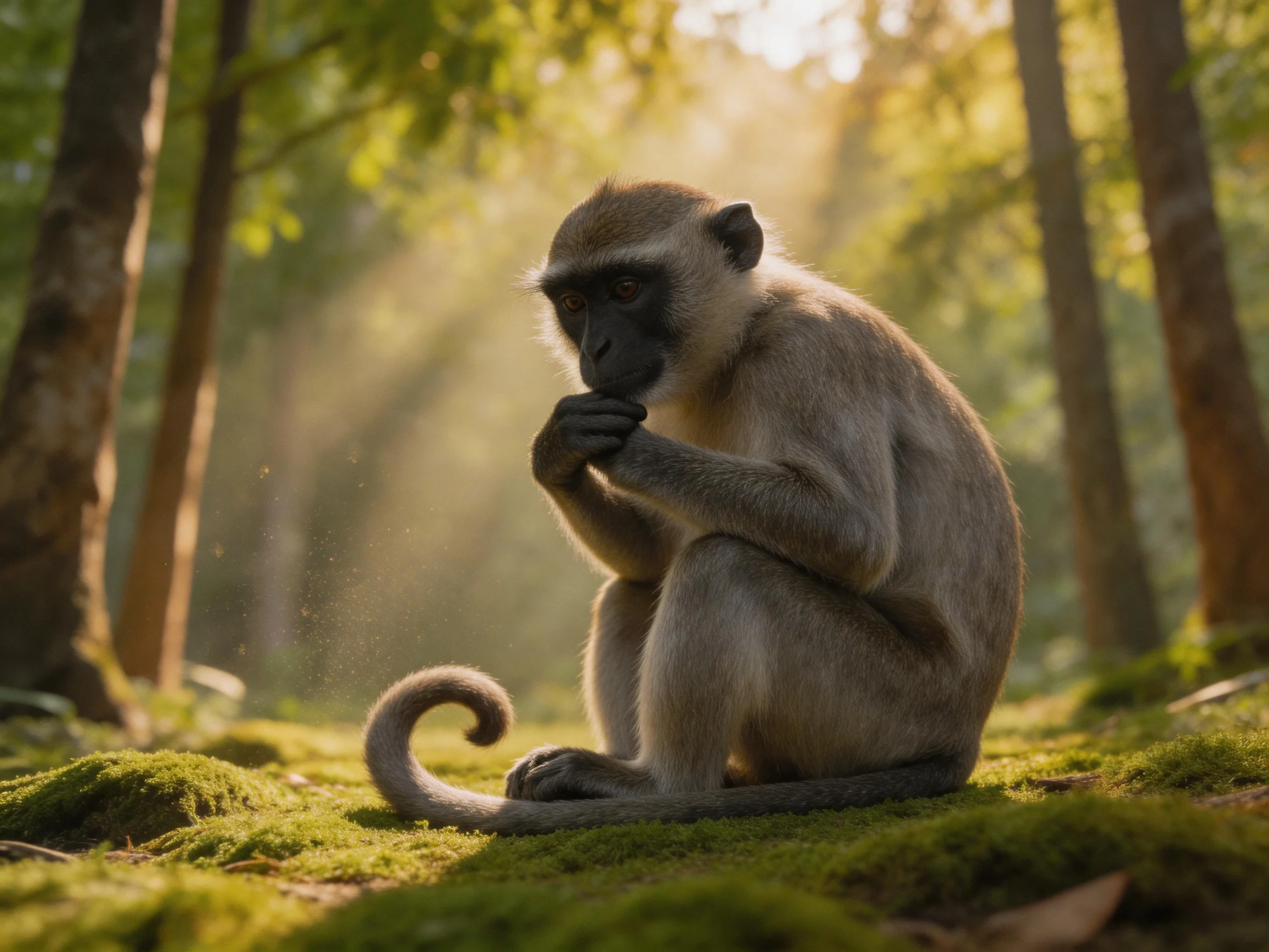 A contemplative monkey sits on mossy ground amid sunlit forest trees