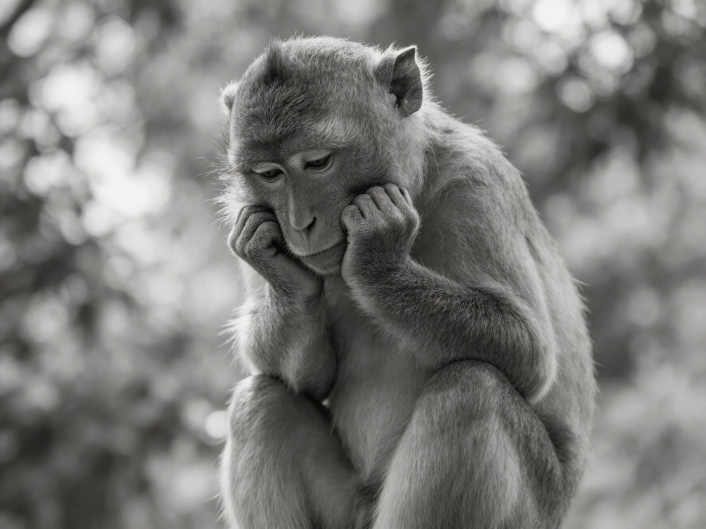 A contemplative monkey sits withhands near face in monochrome natural setting