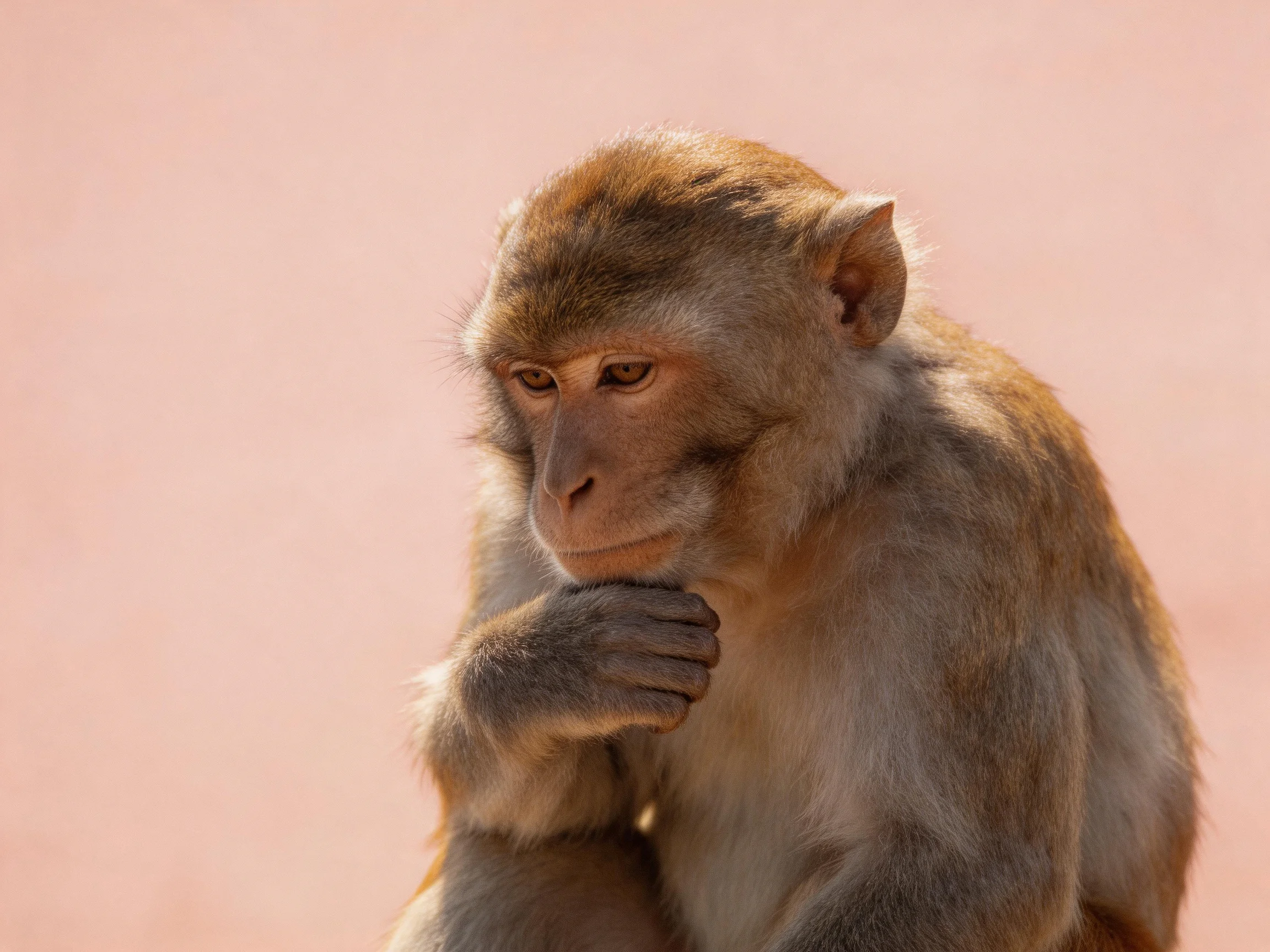 A contemplative monkey with earth-toned fur against a soft pink backdrop