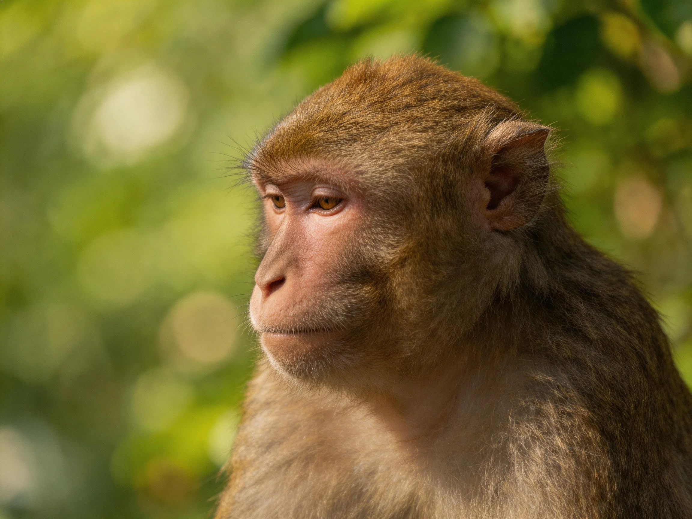 A contemplative monkey with earthy brown fur amidst lush green foliage