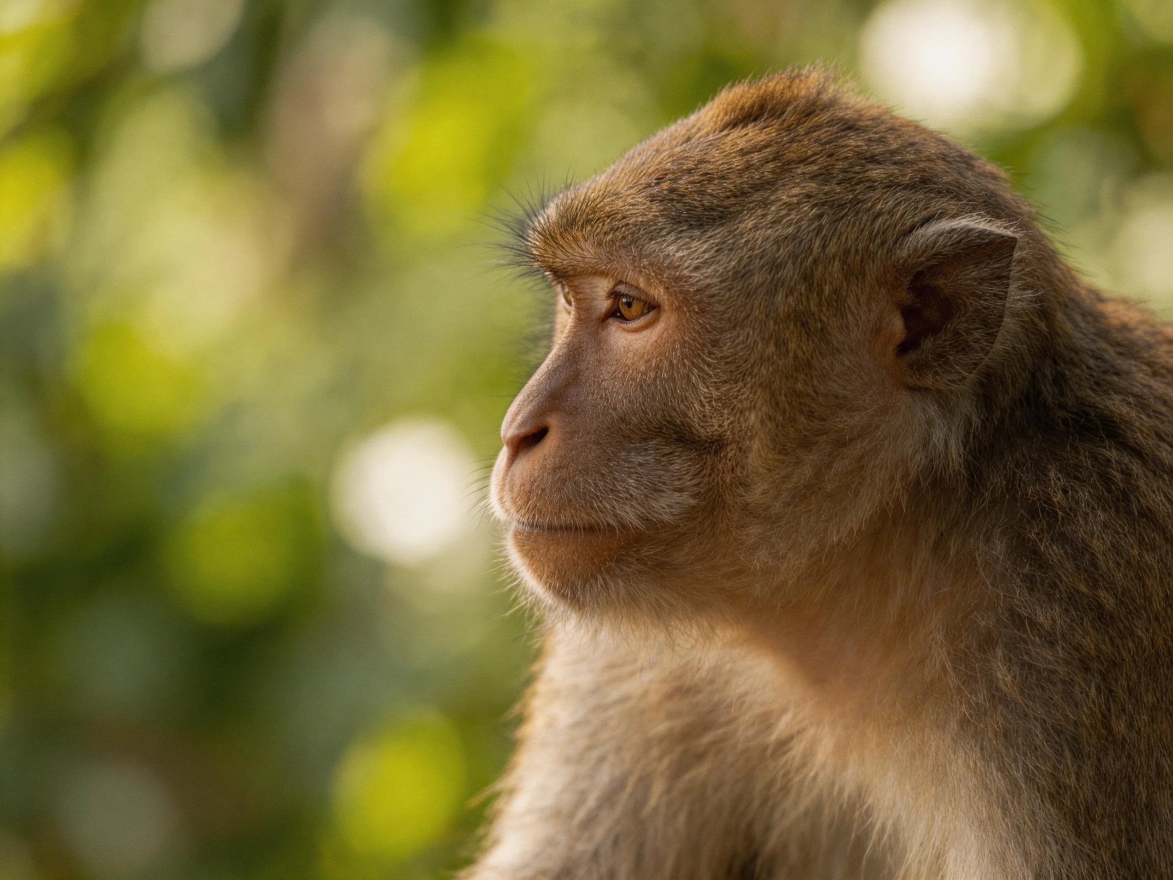 A contemplative monkey with earthy brown fur in a softly lit green backdrop