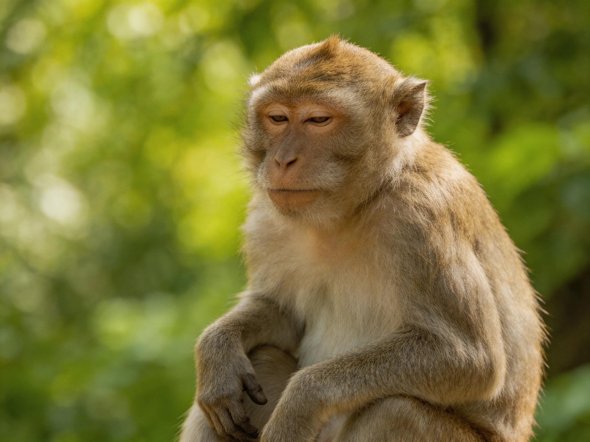 A contemplative monkey with earthy brown fur sits amidst lush green foliage
