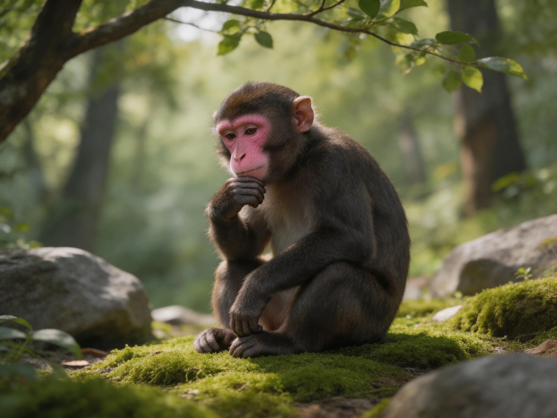 A contemplative monkey with pink face sits on mossy ground in a forest