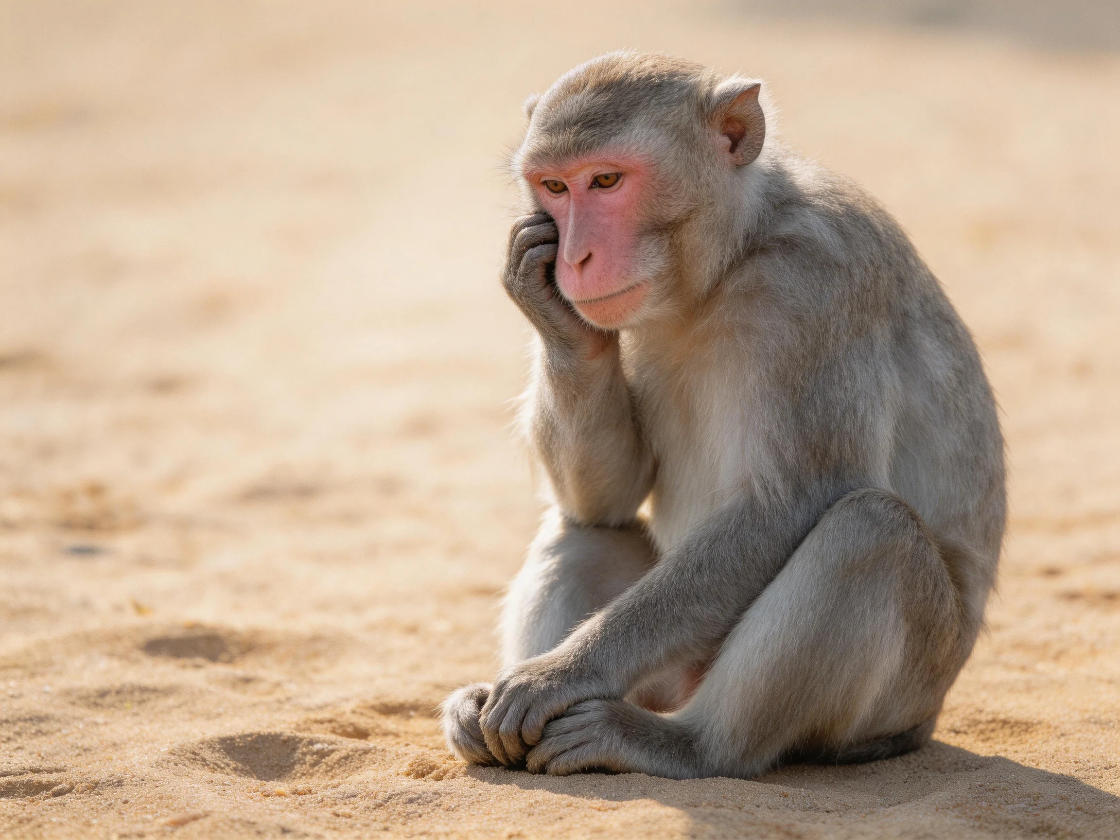 A monkey with pink facial skin sits thoughtfully on sandy ground.