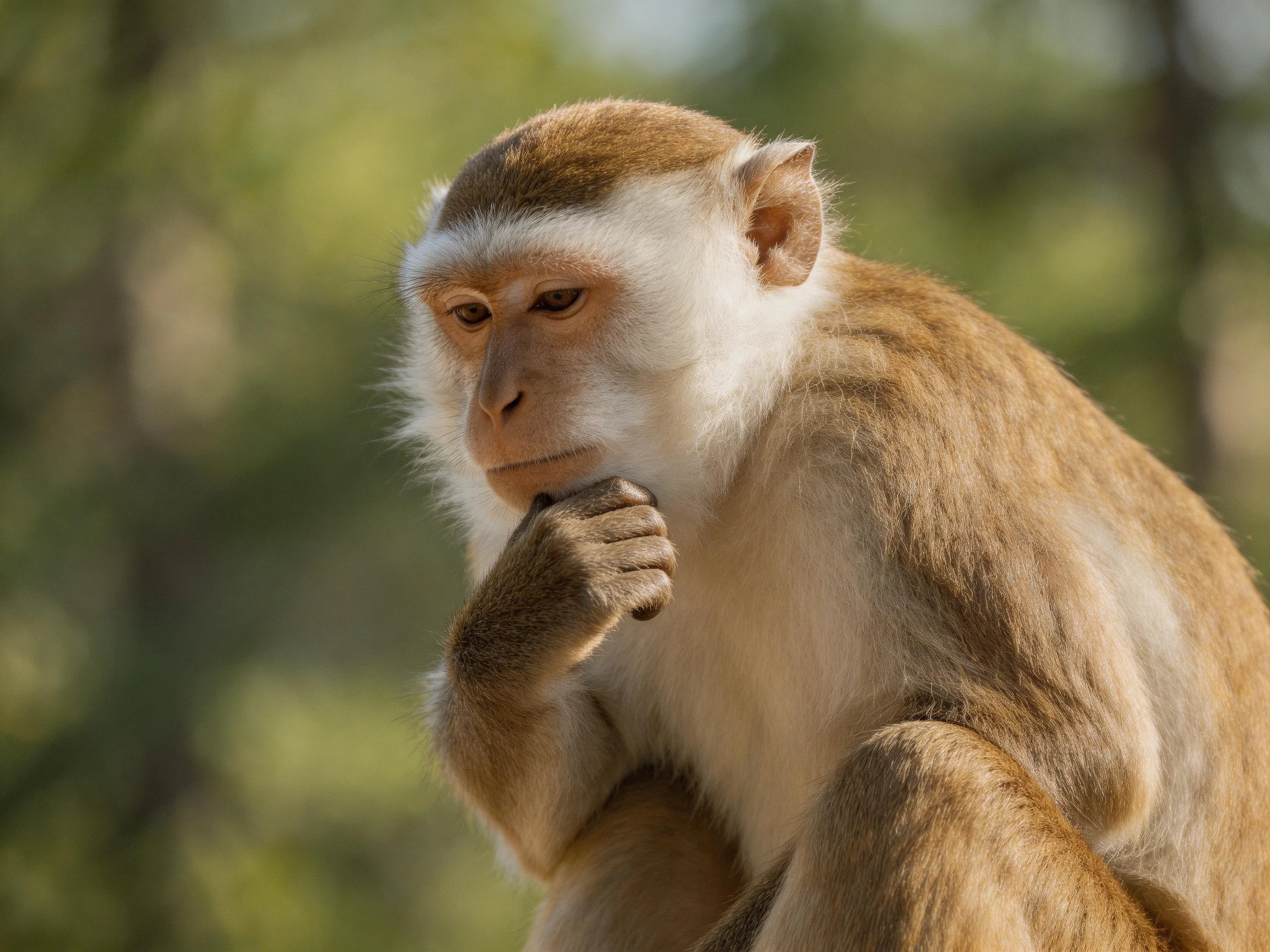 A contemplative monkey with tan and white fur in a forested area