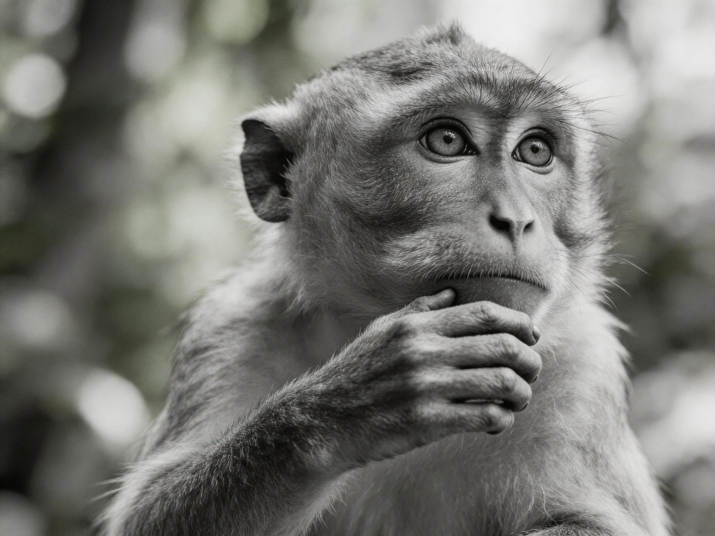 A contemplative monkey with textured fur in a blurred natural setting