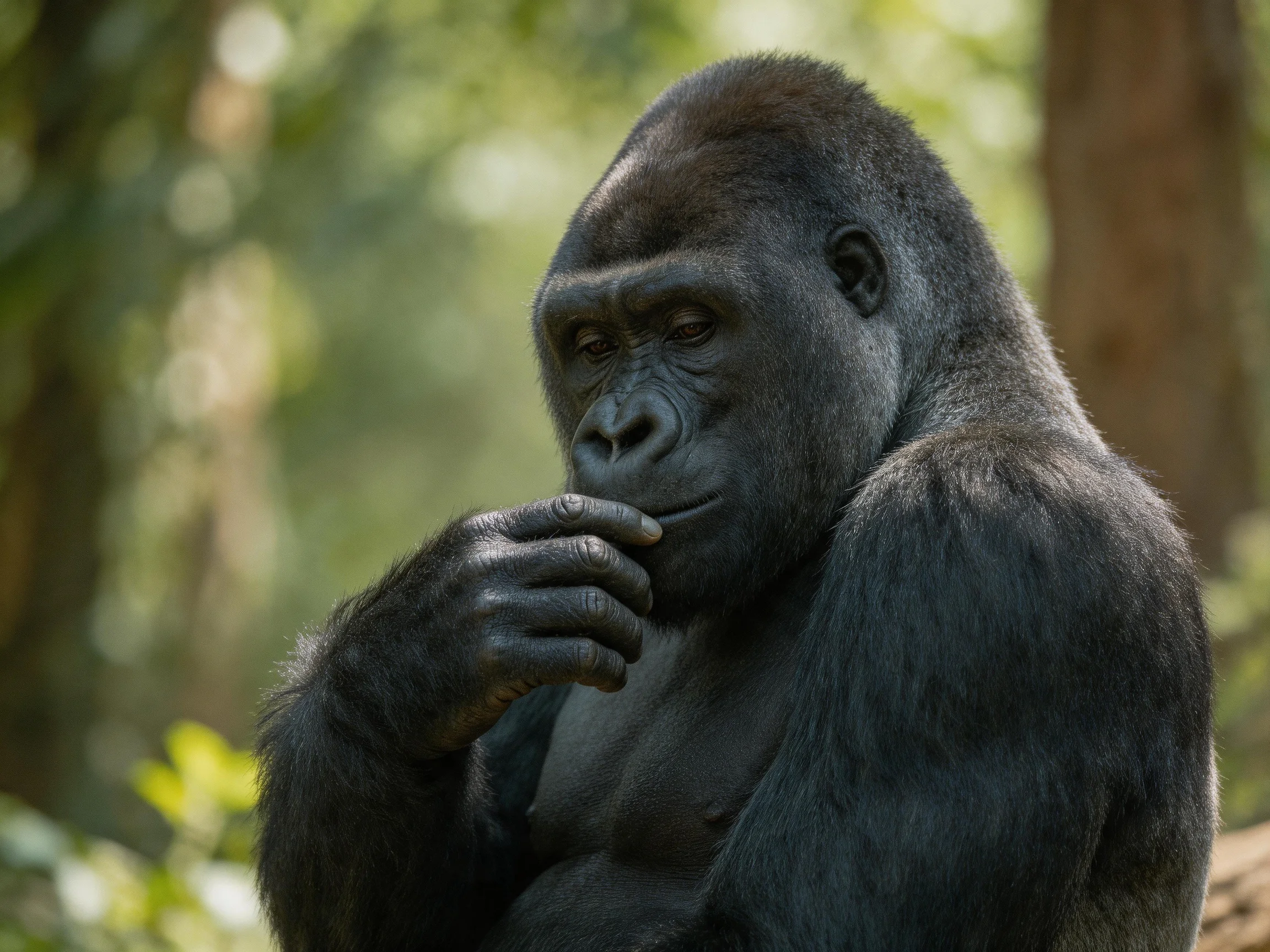 A contemplative silverback gorilla in a sunlit forest
