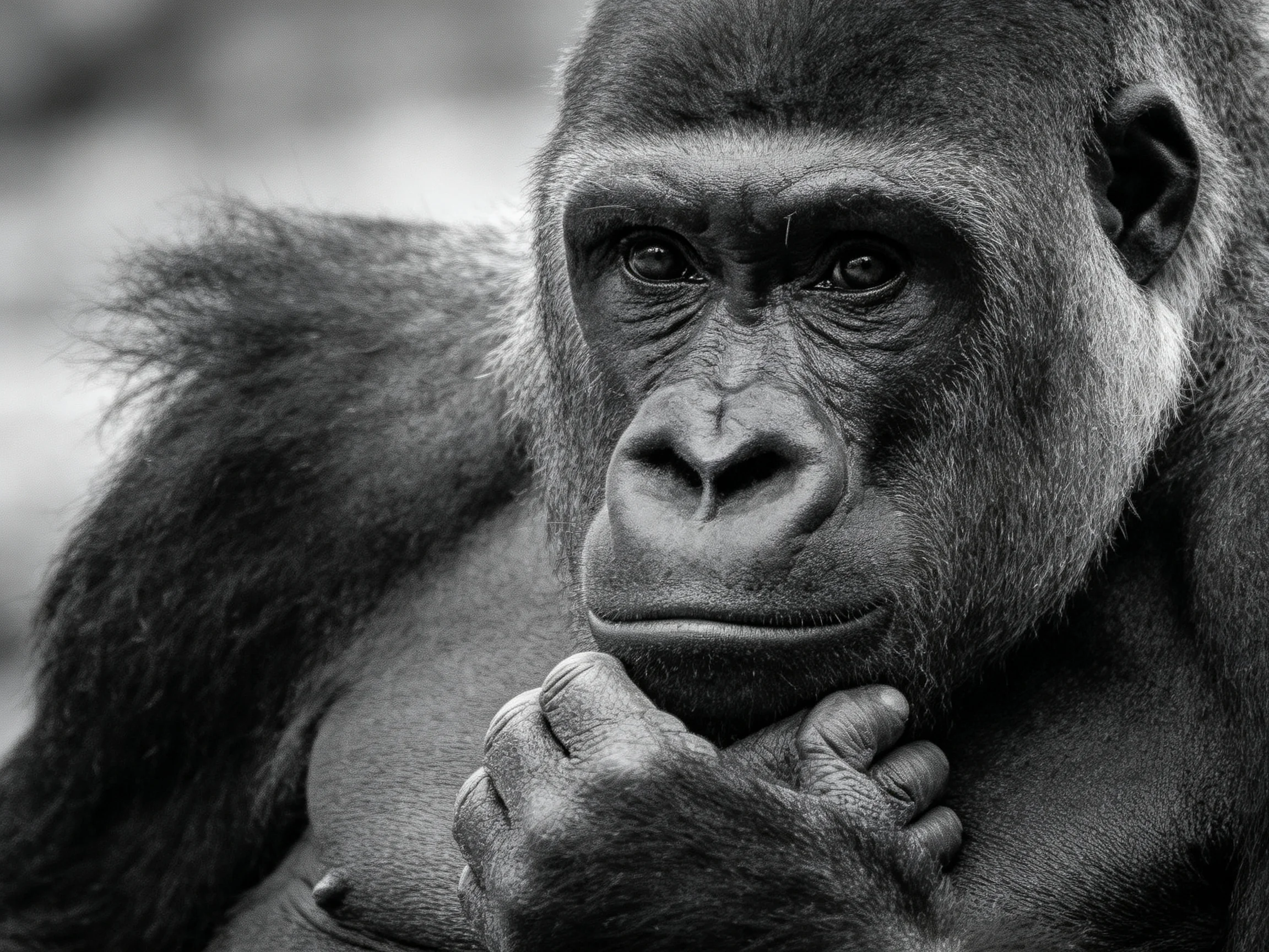 A contemplative silverback gorilla in dramatic black and white close-up