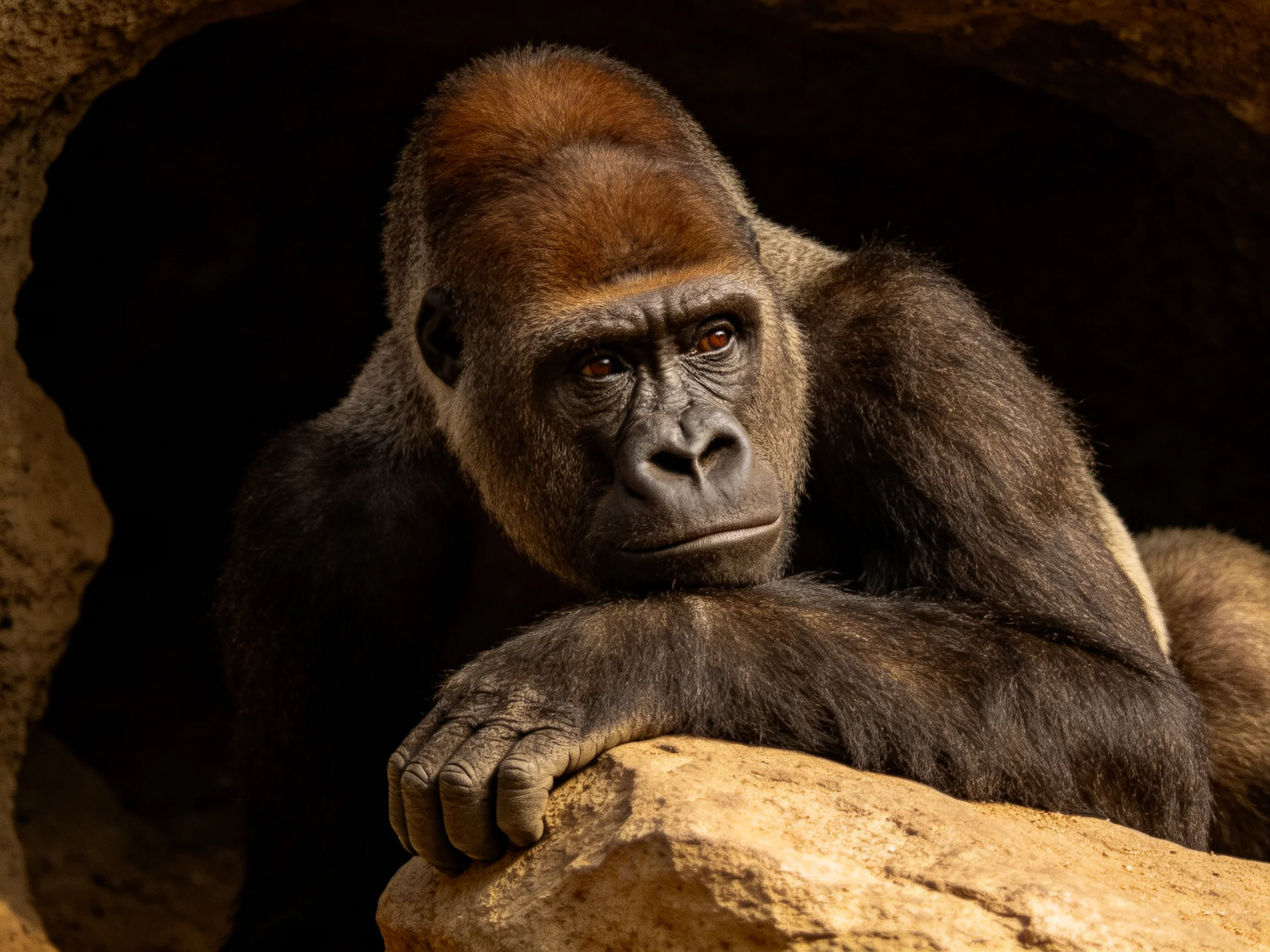 A contemplative silverback gorilla resting near a rocky outcrop