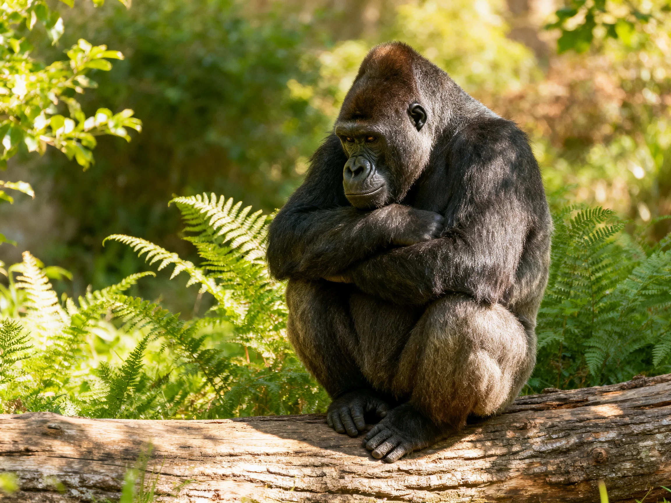 A contemplative silverback gorilla rests on a large fallen log surrounded by vibrant ferns