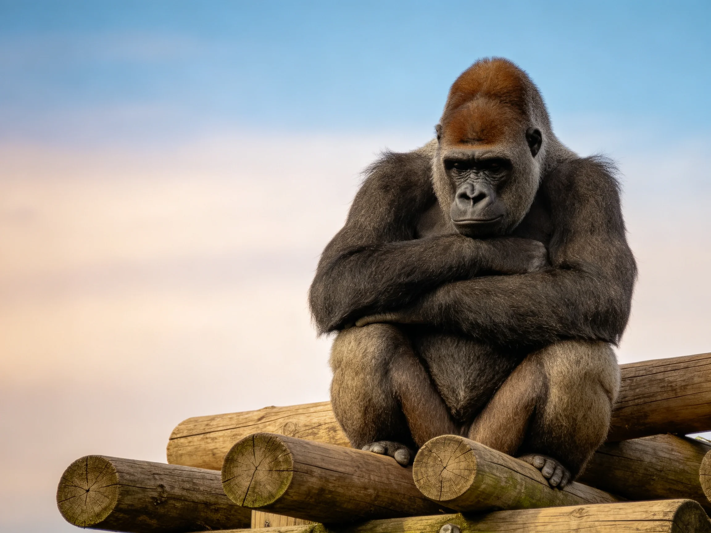 A contemplative silverback gorilla sits atop stacked wooden logs under a soft blue sky