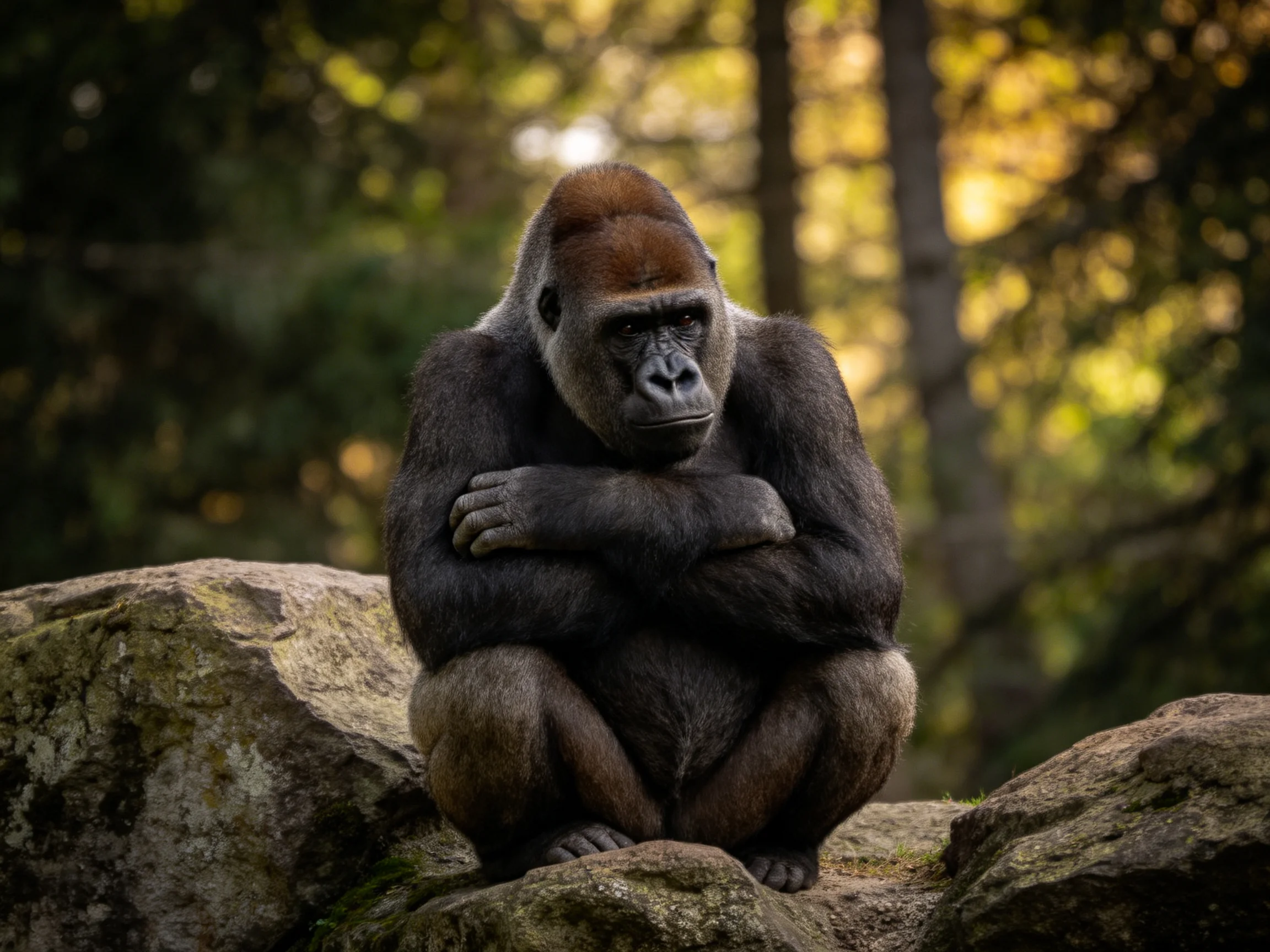 A silverback gorilla sits thoughtfully on rocks in a sunlit forest.