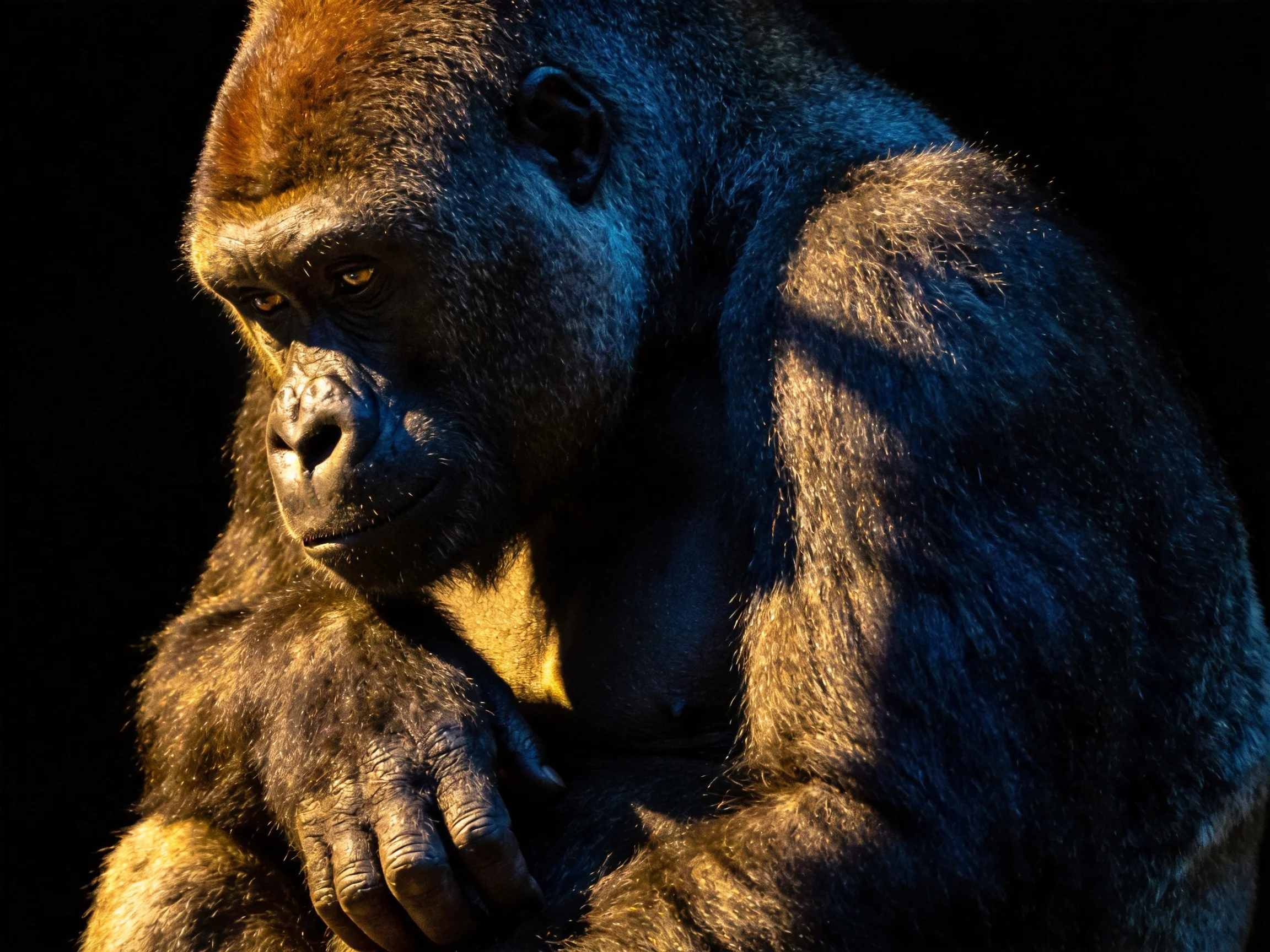 A silverback gorilla appears pensive under dramatic lighting.
