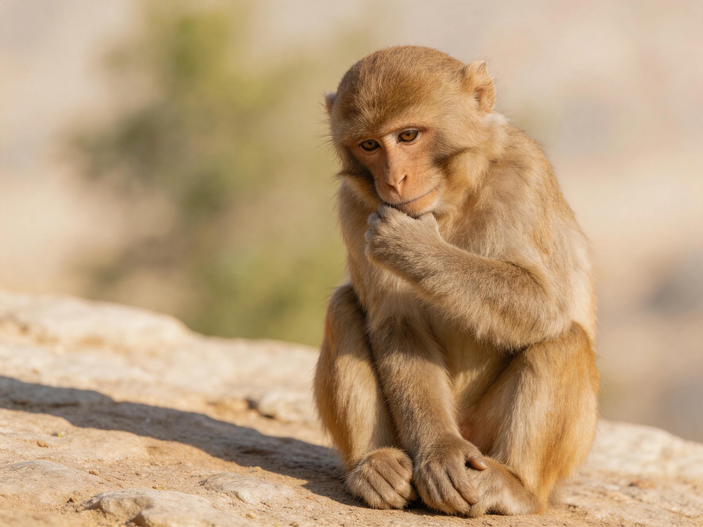 A tan monkey sits thoughtfully on a sandy surface.