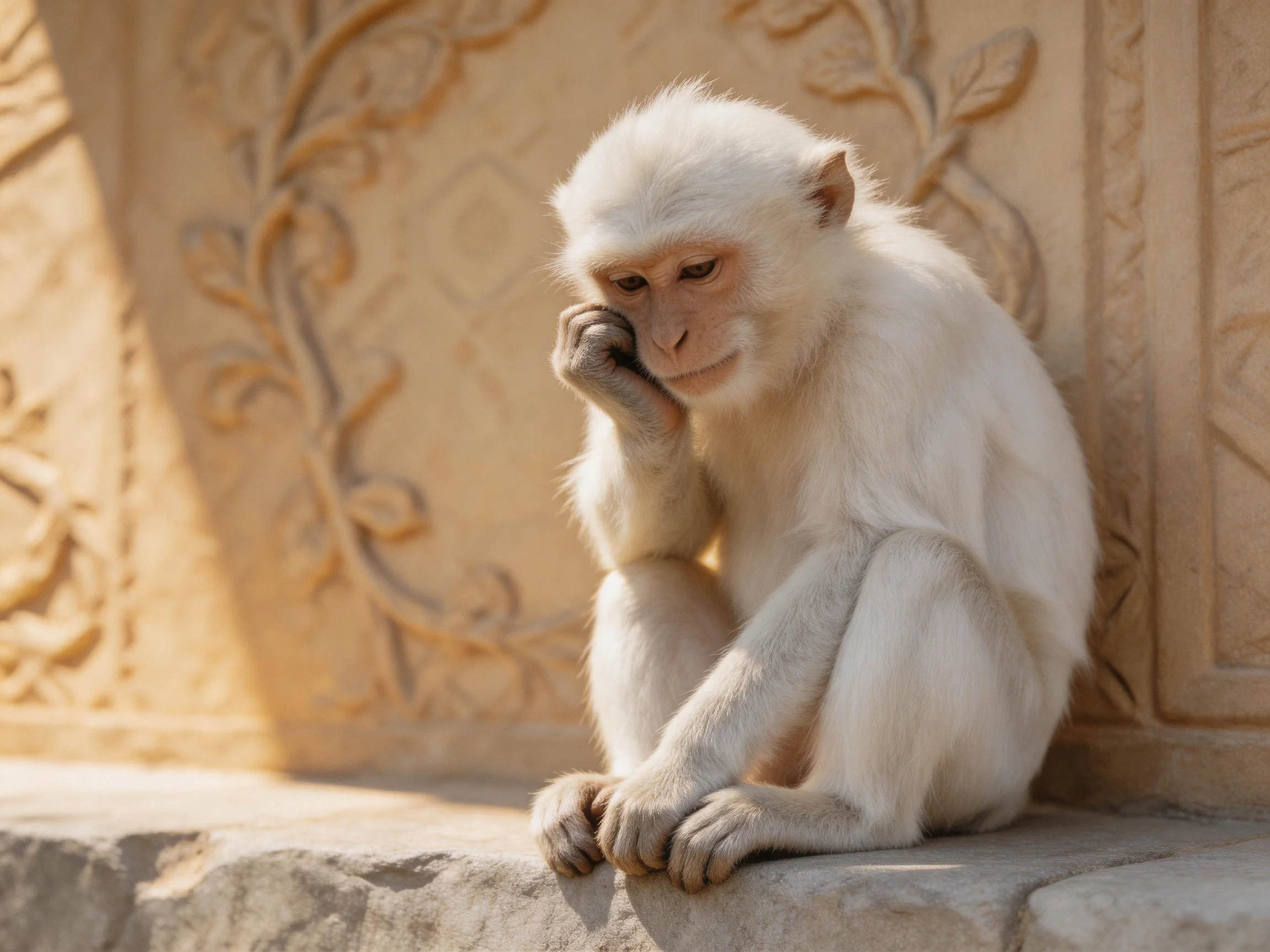 A contemplative white monkey near ornate stone carvings