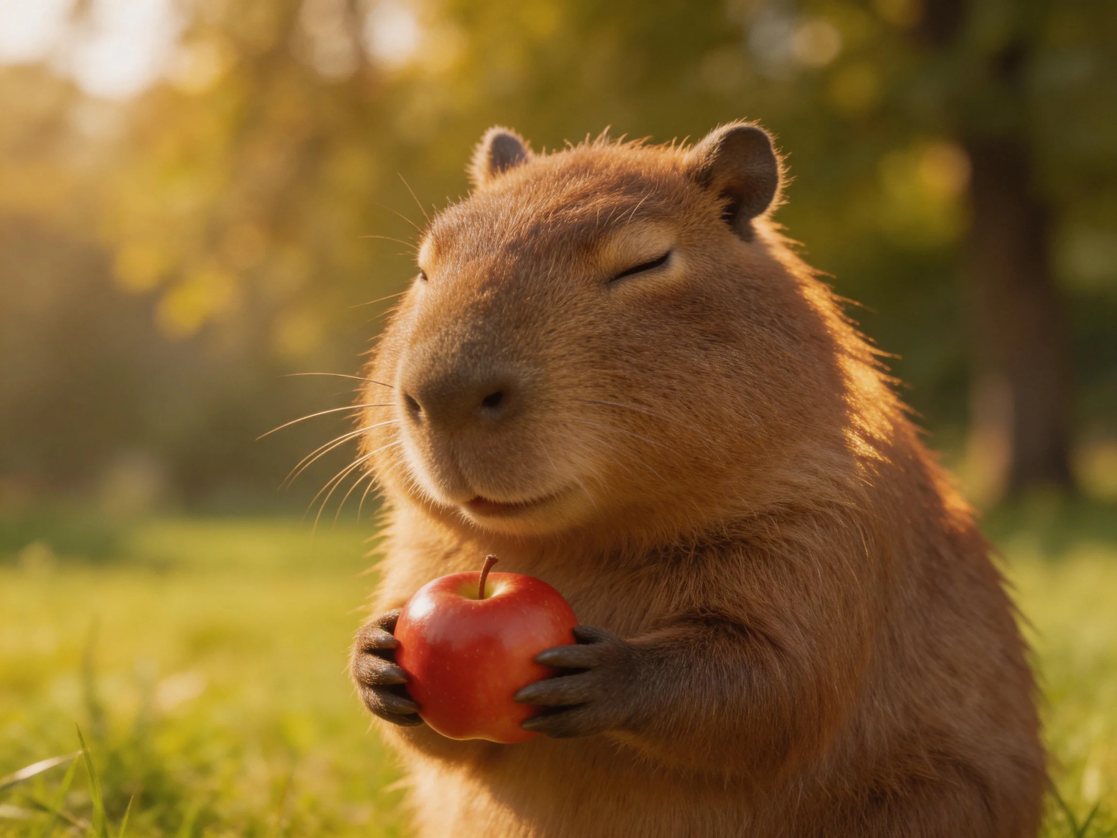A content brown rodent clutching a shiny red apple in a sunlit meadow