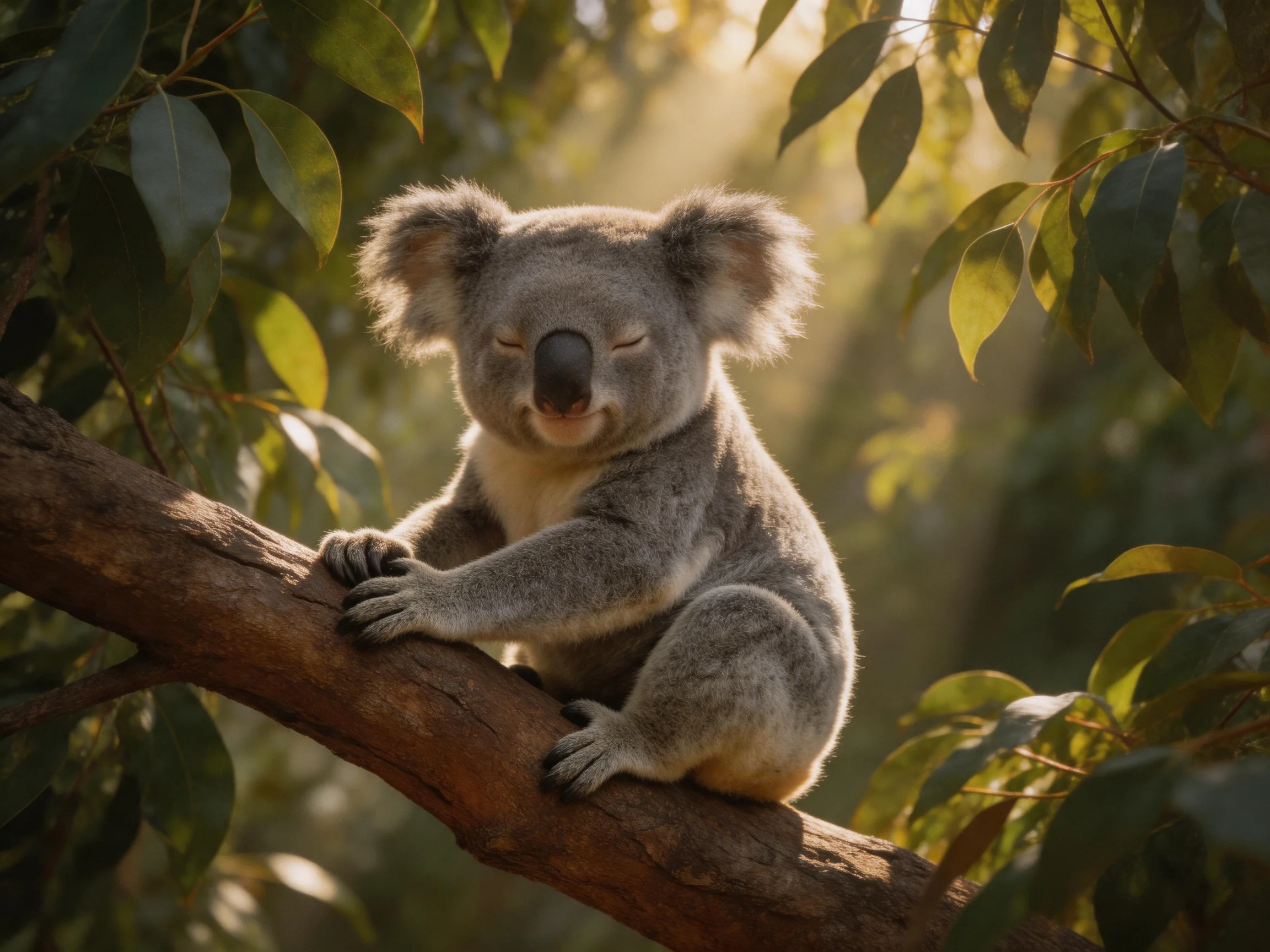 A content koala rests on a brown tree branch amid green foliage