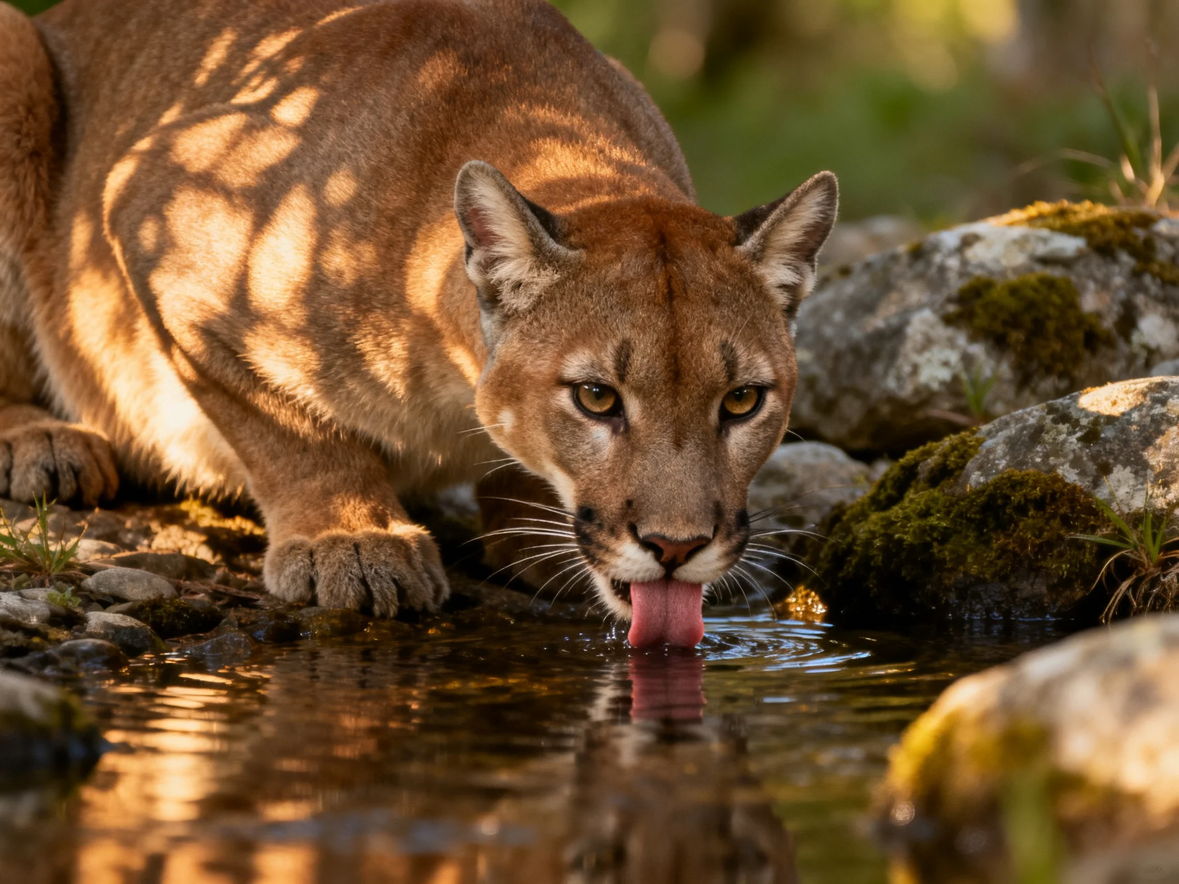 A cougar drinks from a stream amid moss-covered rocks in golden light