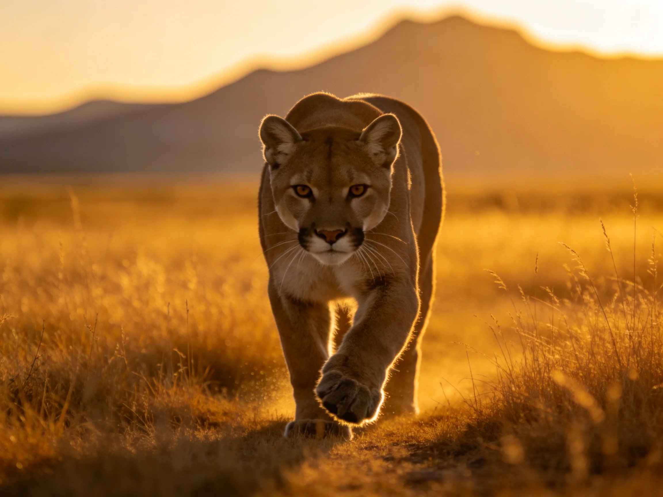 A cougar walks through golden grasslands toward distant mountains