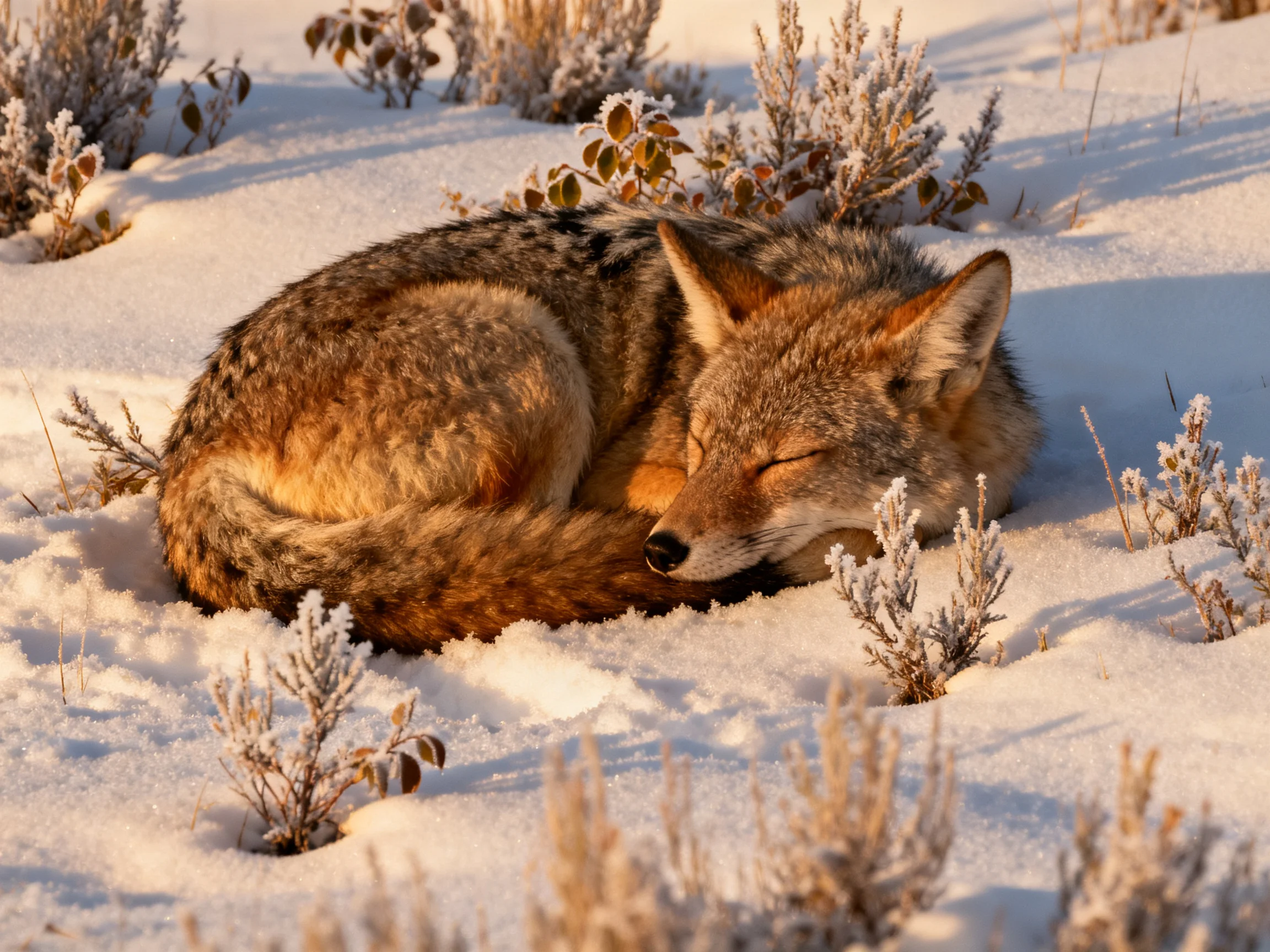 A coyote curled in golden snow among frost-covered shrubs