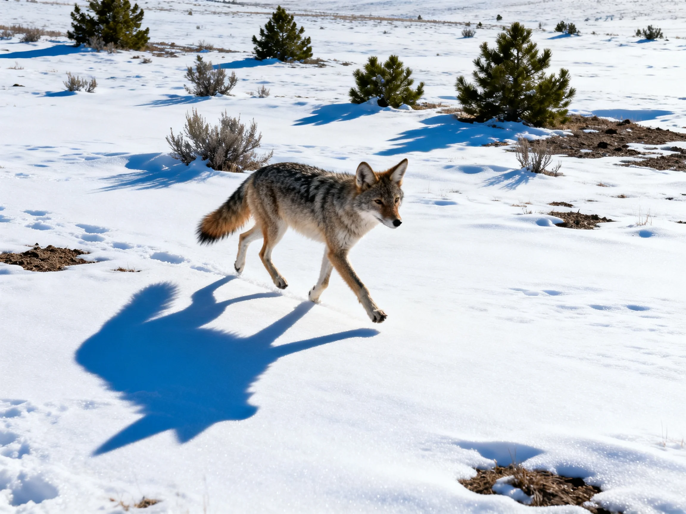 A coyote running through a snow-covered landscape with scattered pine trees