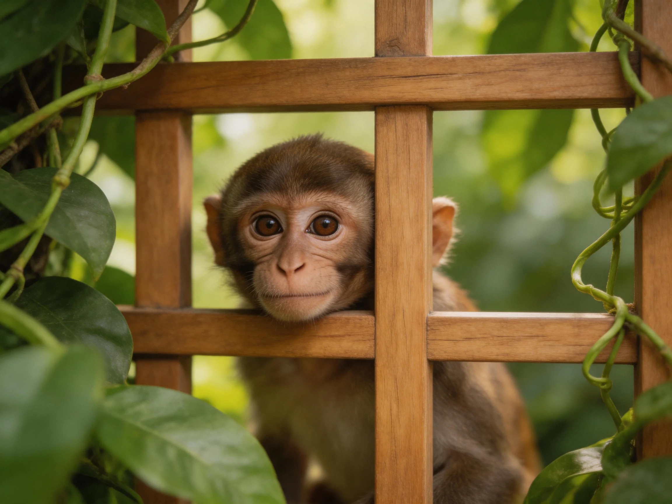 A curious brown monkey peers through a wooden lattice fence amid green foliage
