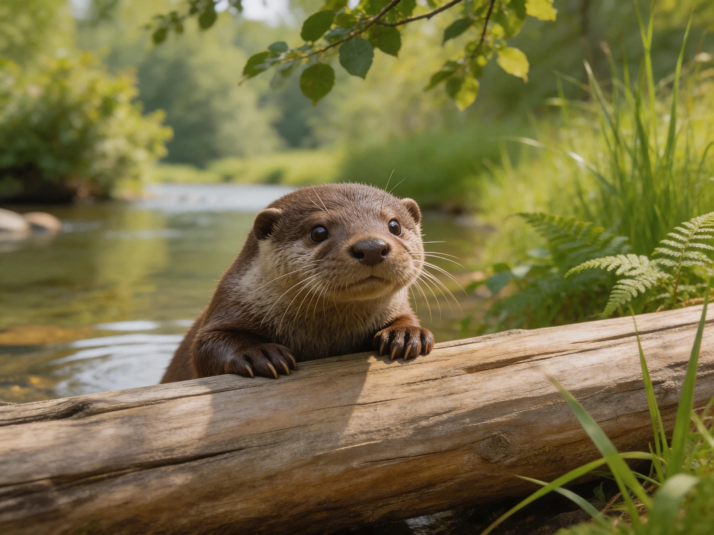 A curious brown otter peeks from a weathered log by a sunlit stream