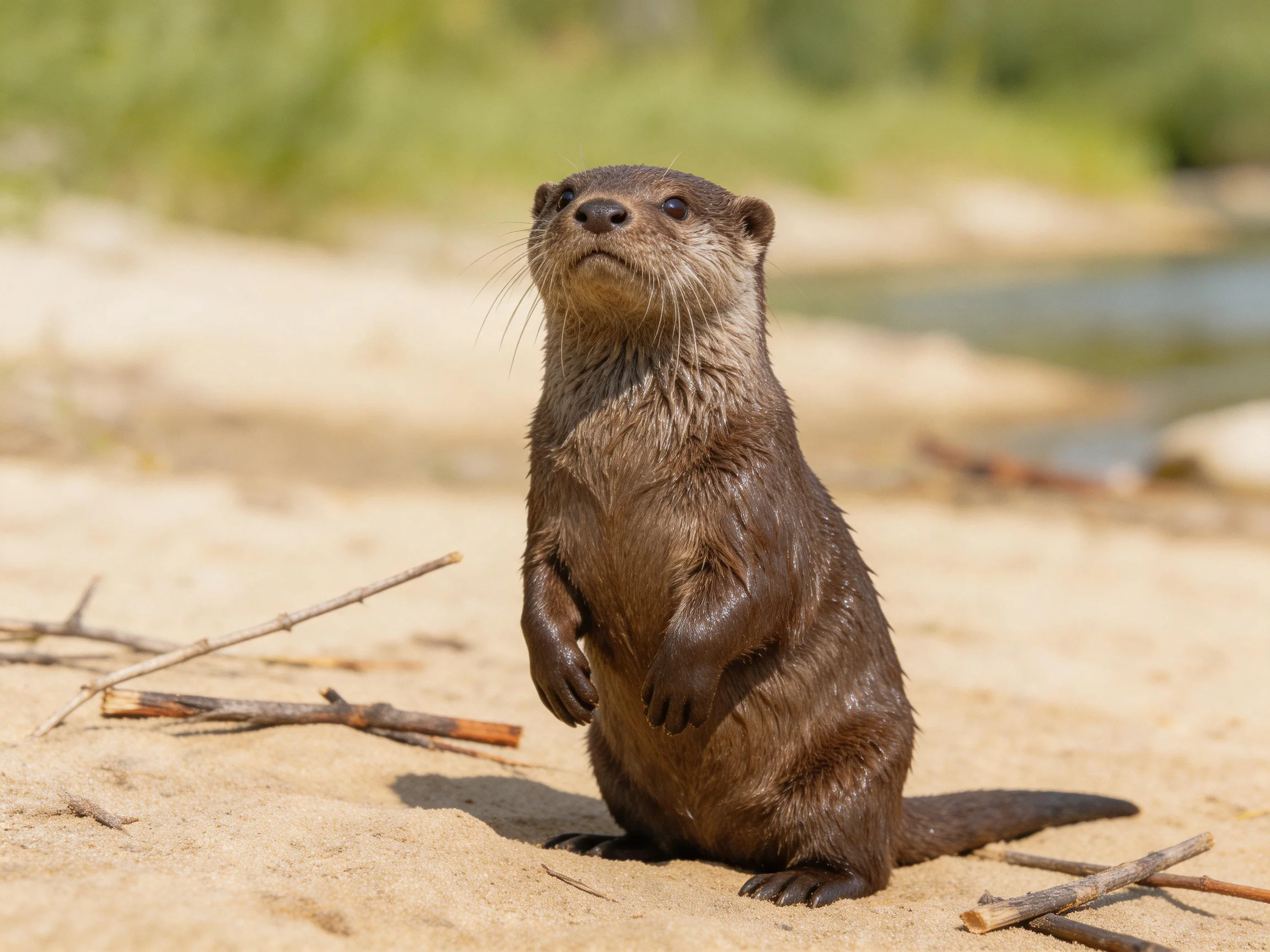 A curious brown otter stands alert on sandy terrain