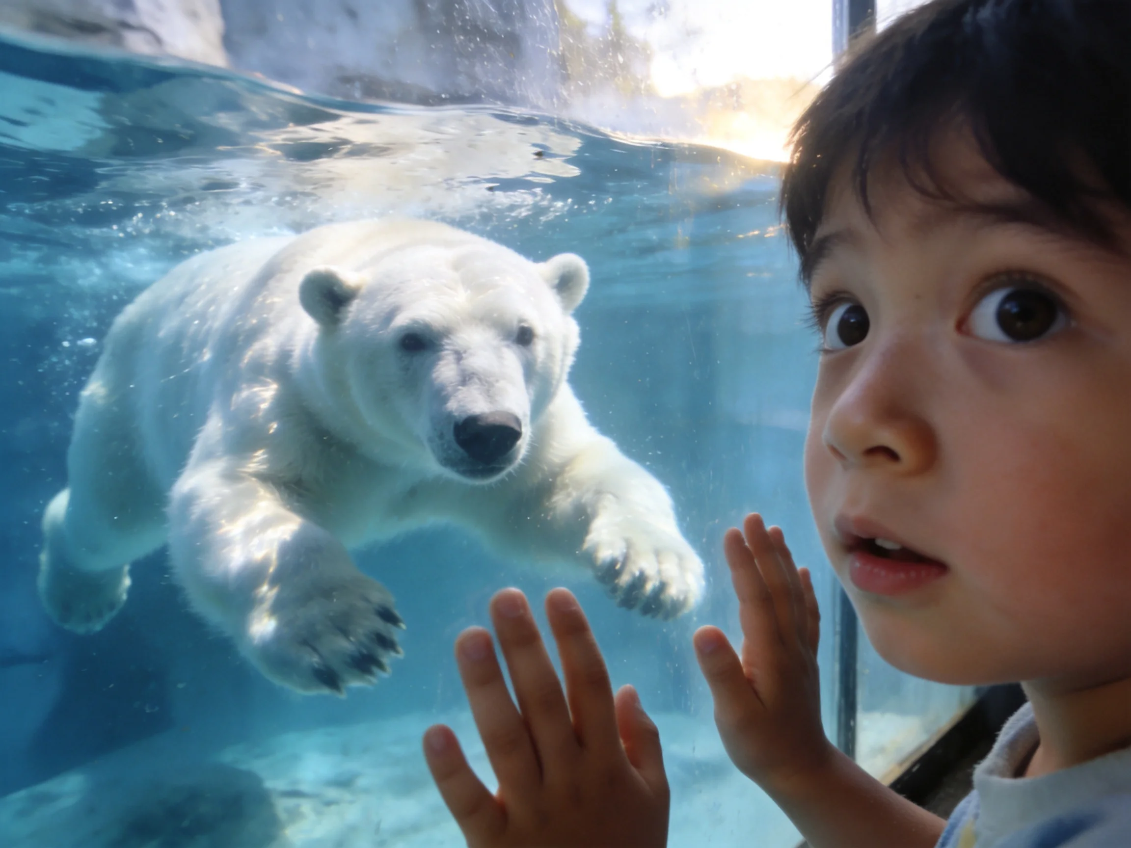 A curious child observes a polar bear swimming near an aquarium glass