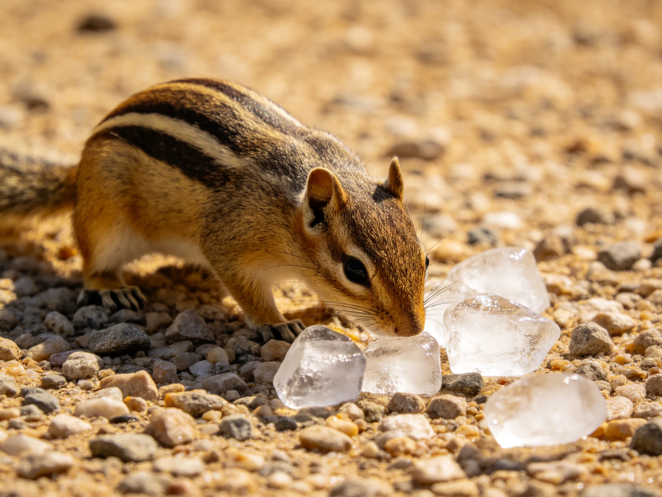 A curious chipmunk investigates clear ice cubes on a gravel surface