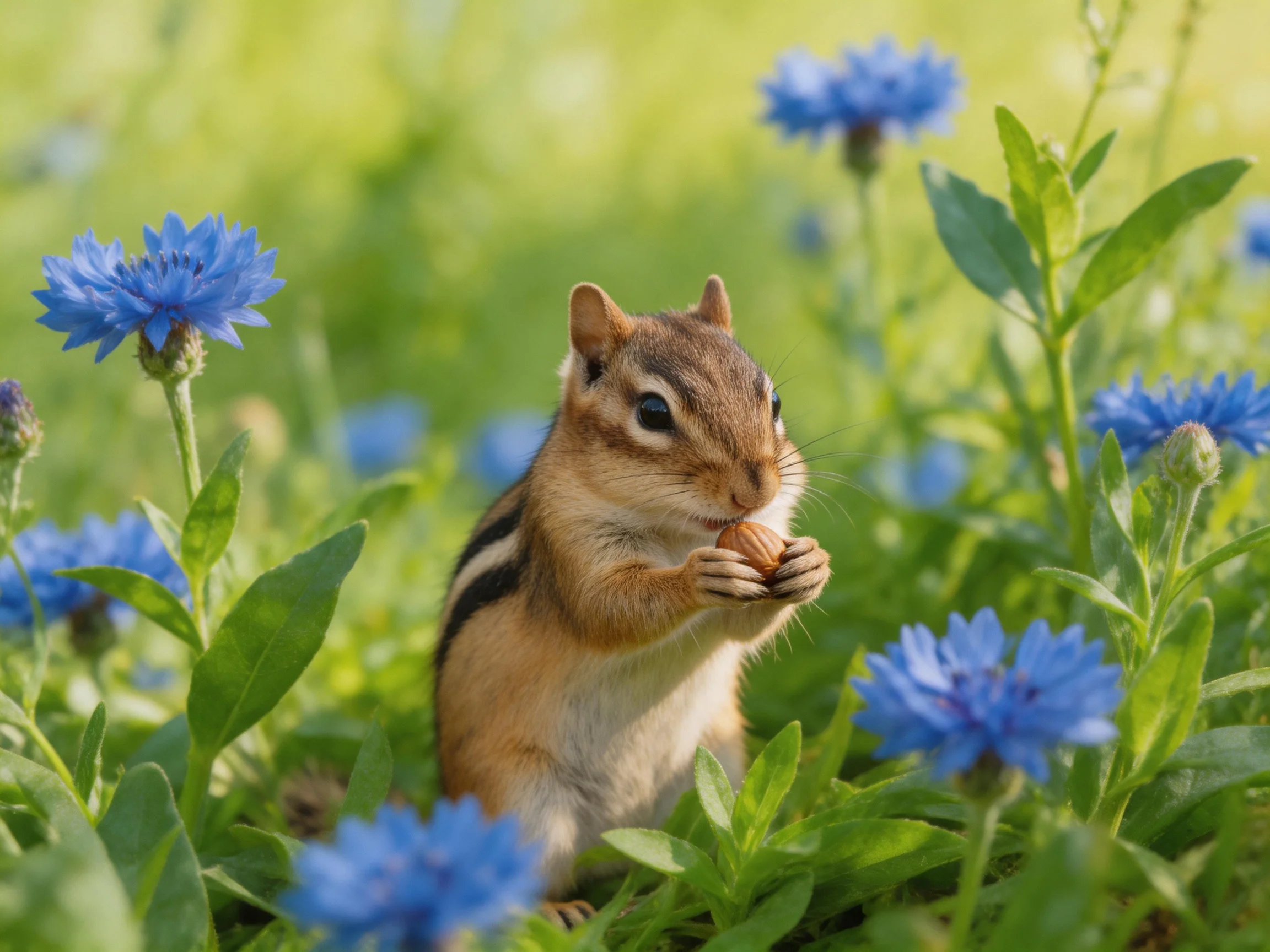 A curious chipmunk nibbles near vibrant blue wildflowers