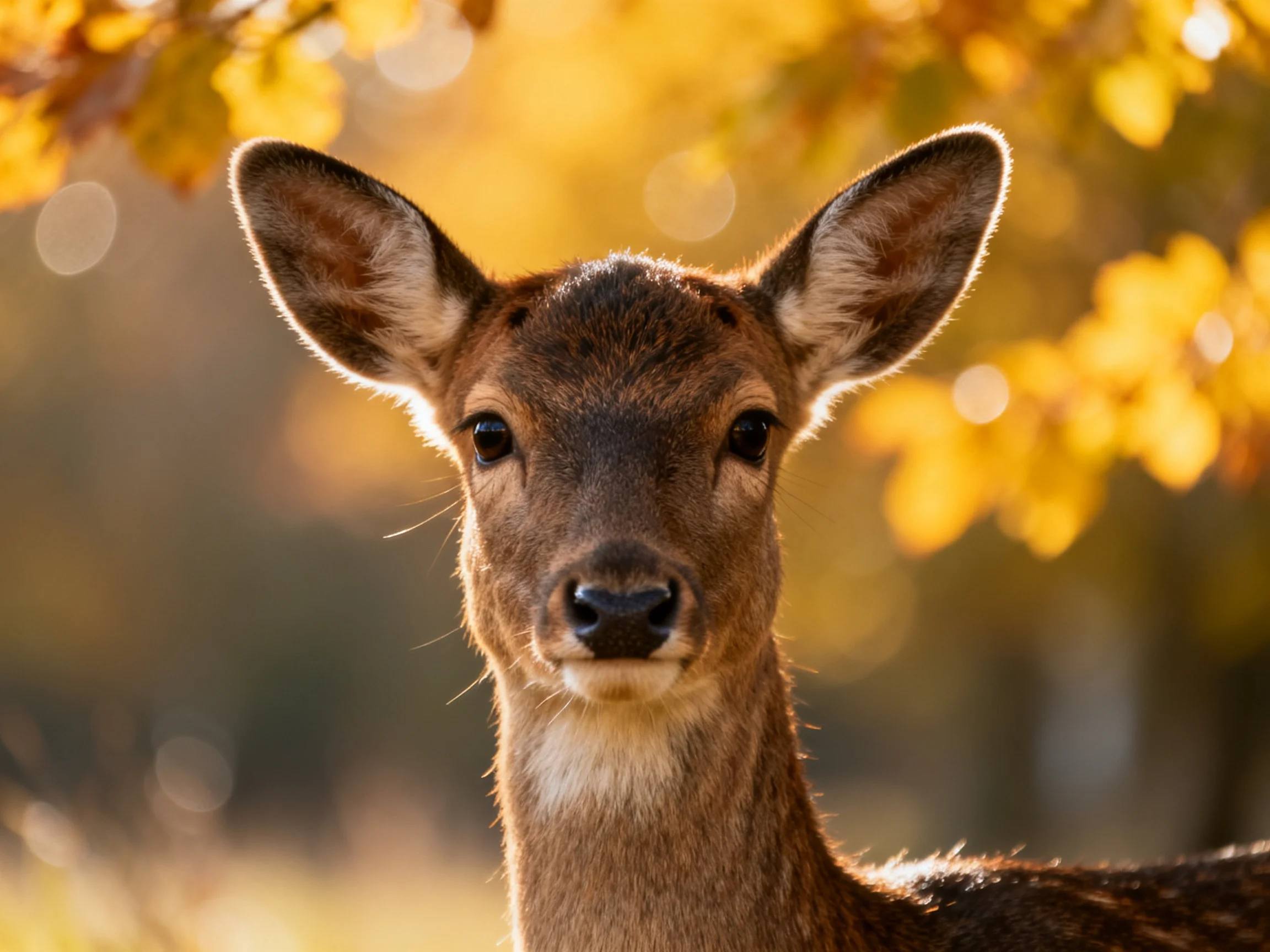 A curious deer gazes forward amid golden autumn leaves