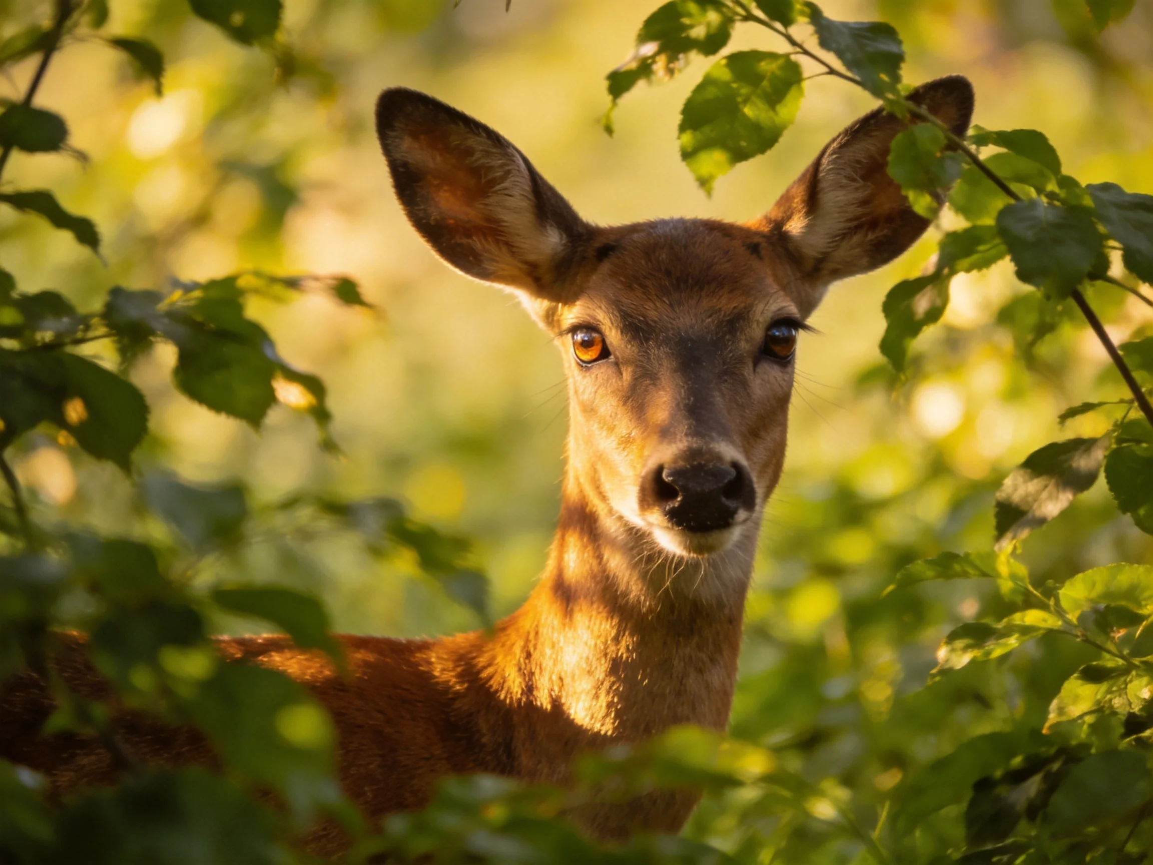 A deer cautiously emerges from dense greenery in a sunlit forest.