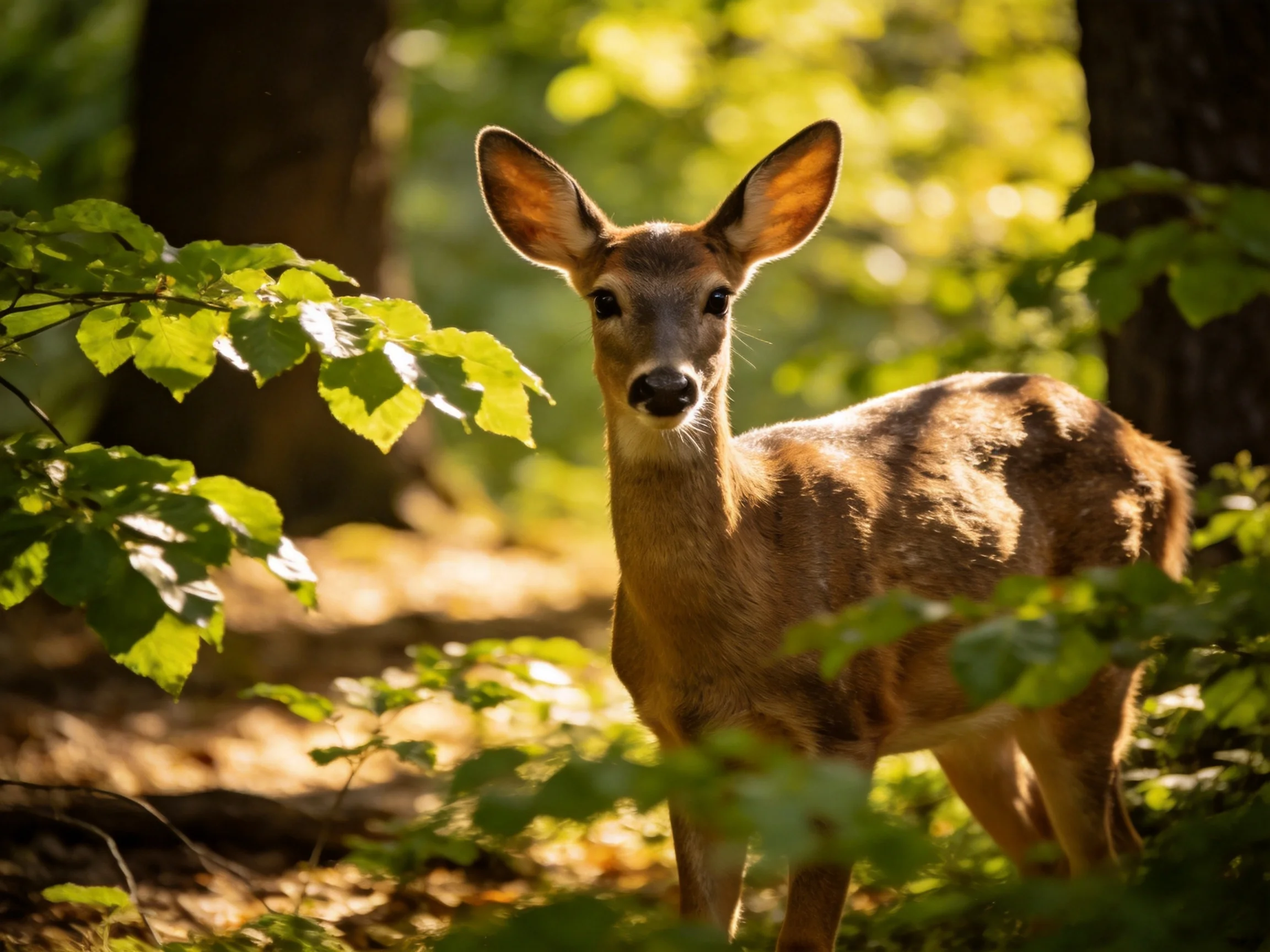 A curious deer stands among lush green foliage in a sun-dappled forest