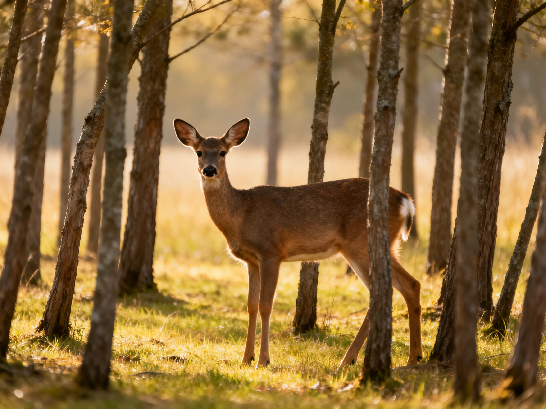A deer stands alert amid tall, thin trees in a sunlit woodland.