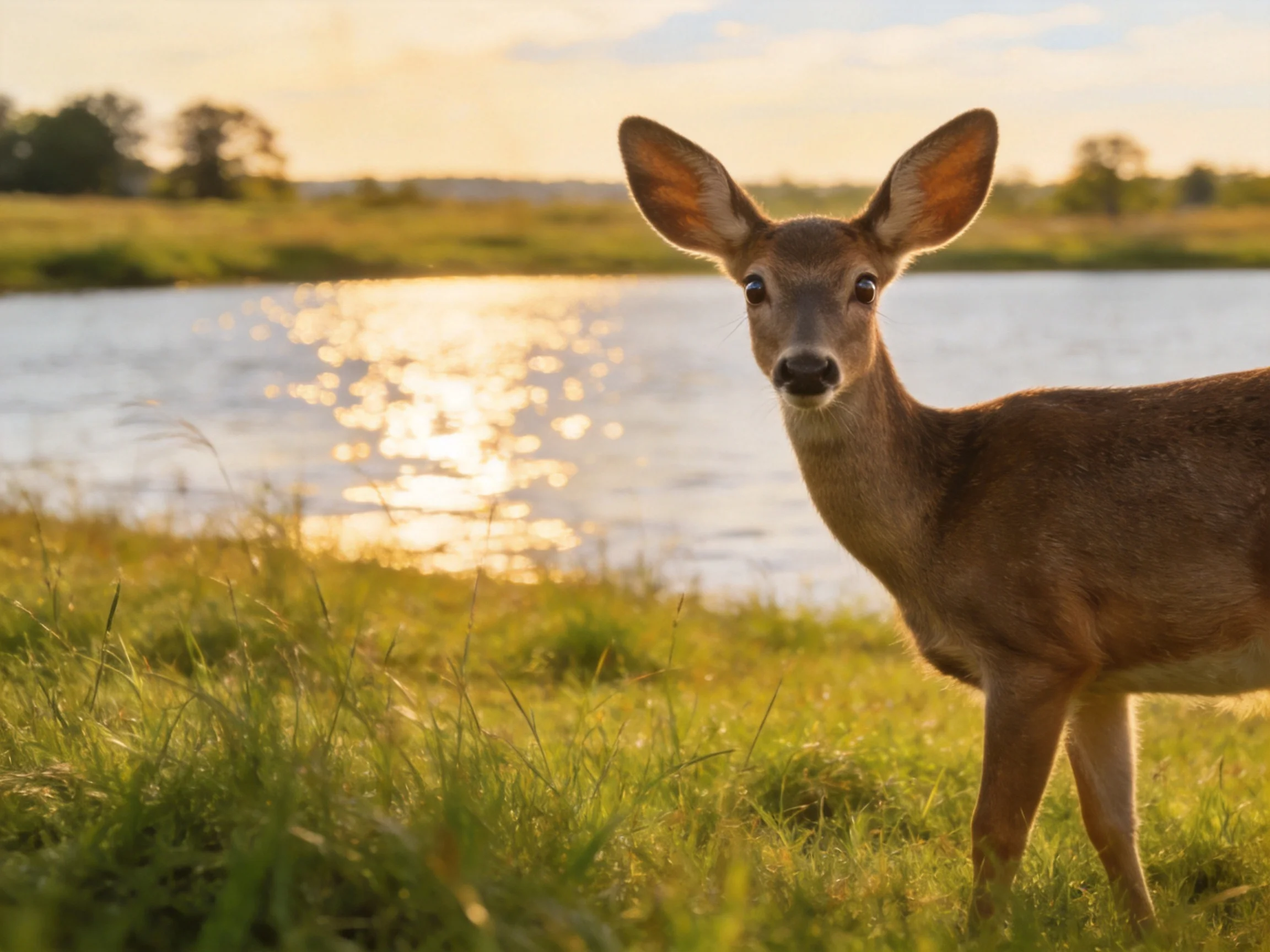 A deer looks toward the camera beside a reflective river in a sunlit meadow.