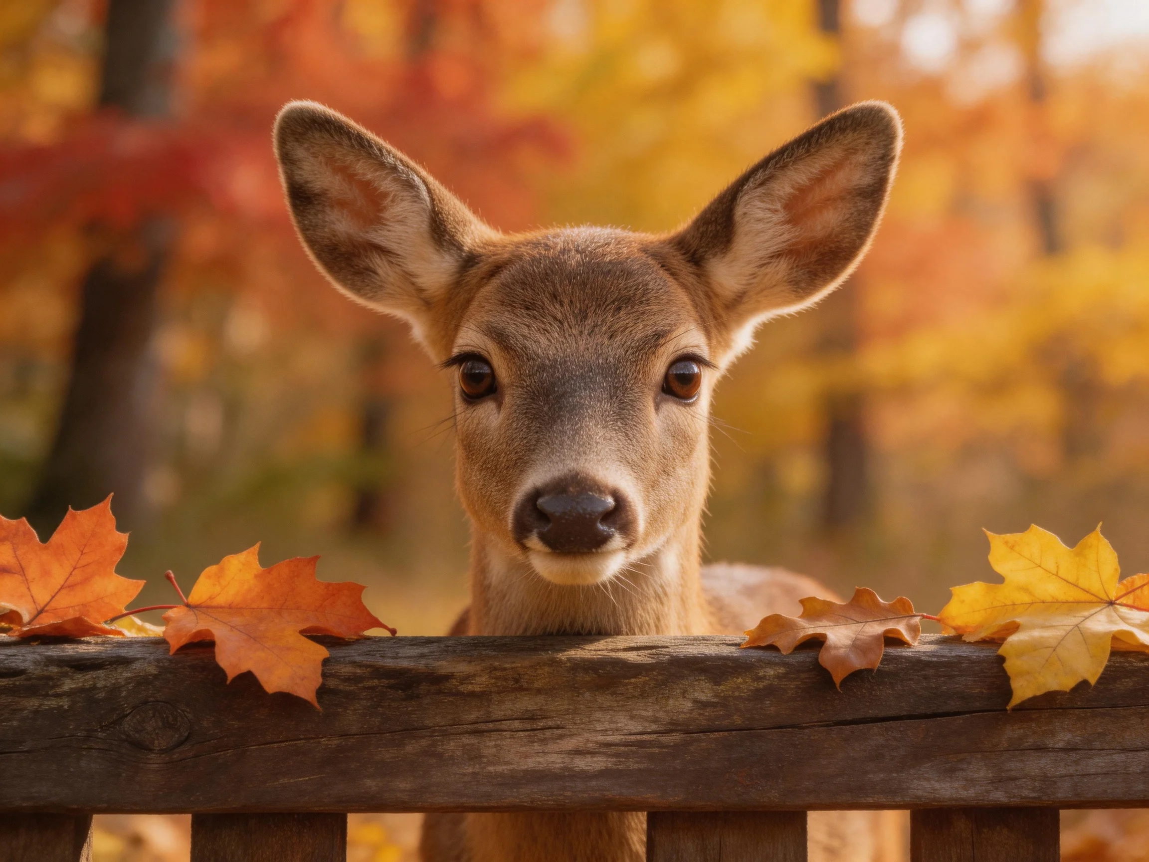 A curious fawn peeks over a wooden fence amid vibrant fall leaves