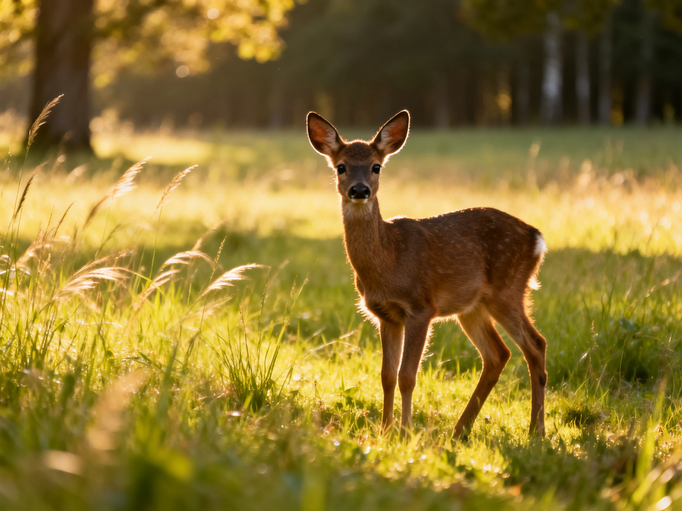 A curious fawn stands amid tall, sunlit grasses in a peaceful meadow.