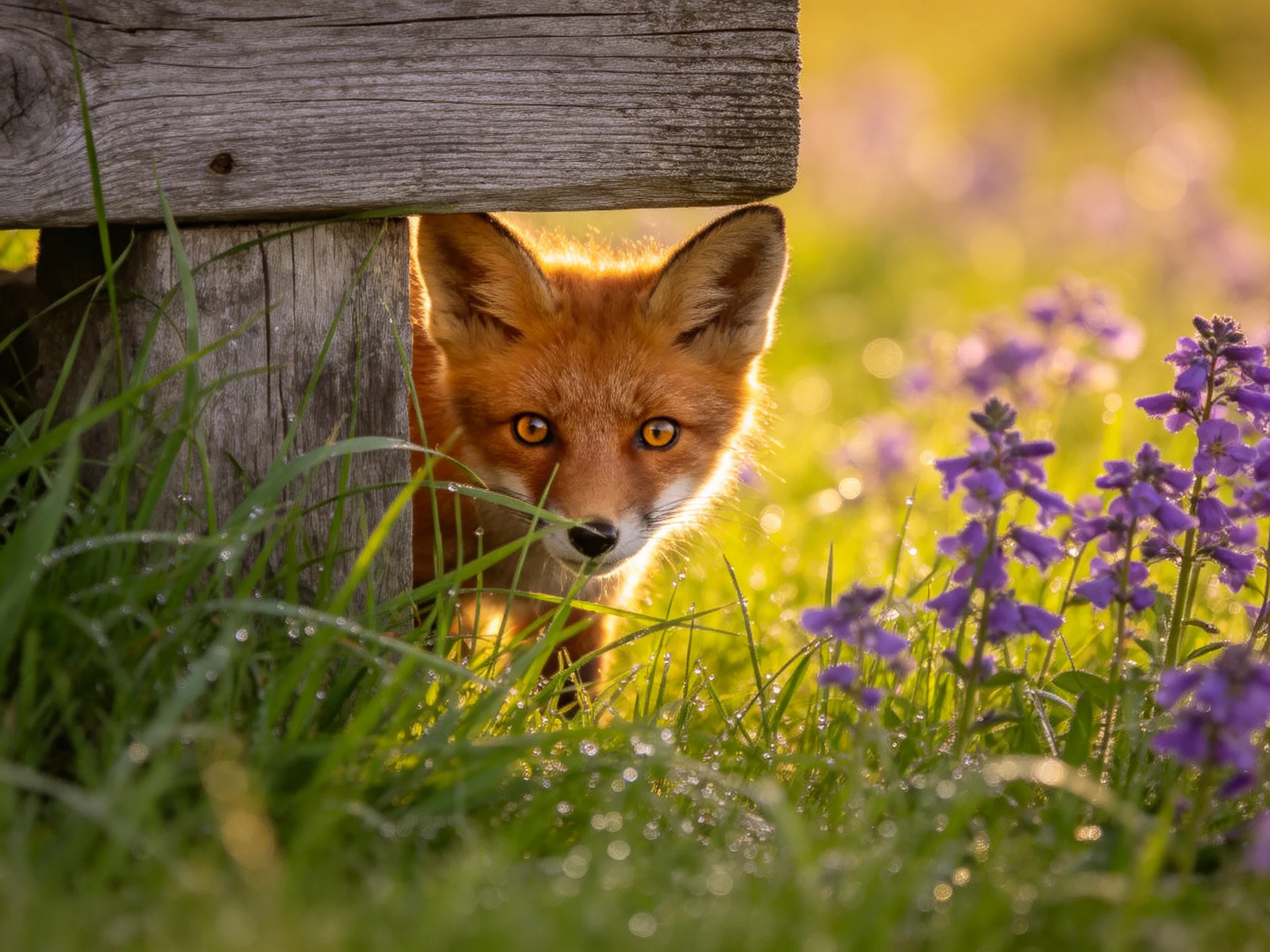 A curious fox peeks from behind a wooden structure amid greenery and purple flowers.