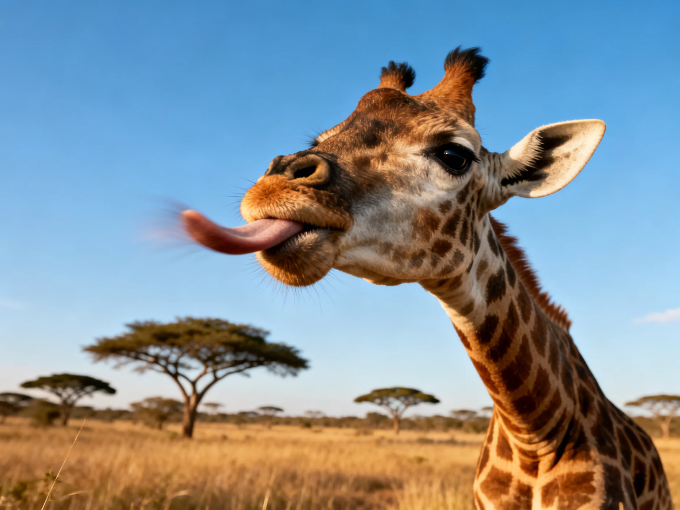 A curious giraffe sticks tongue out in golden savannah