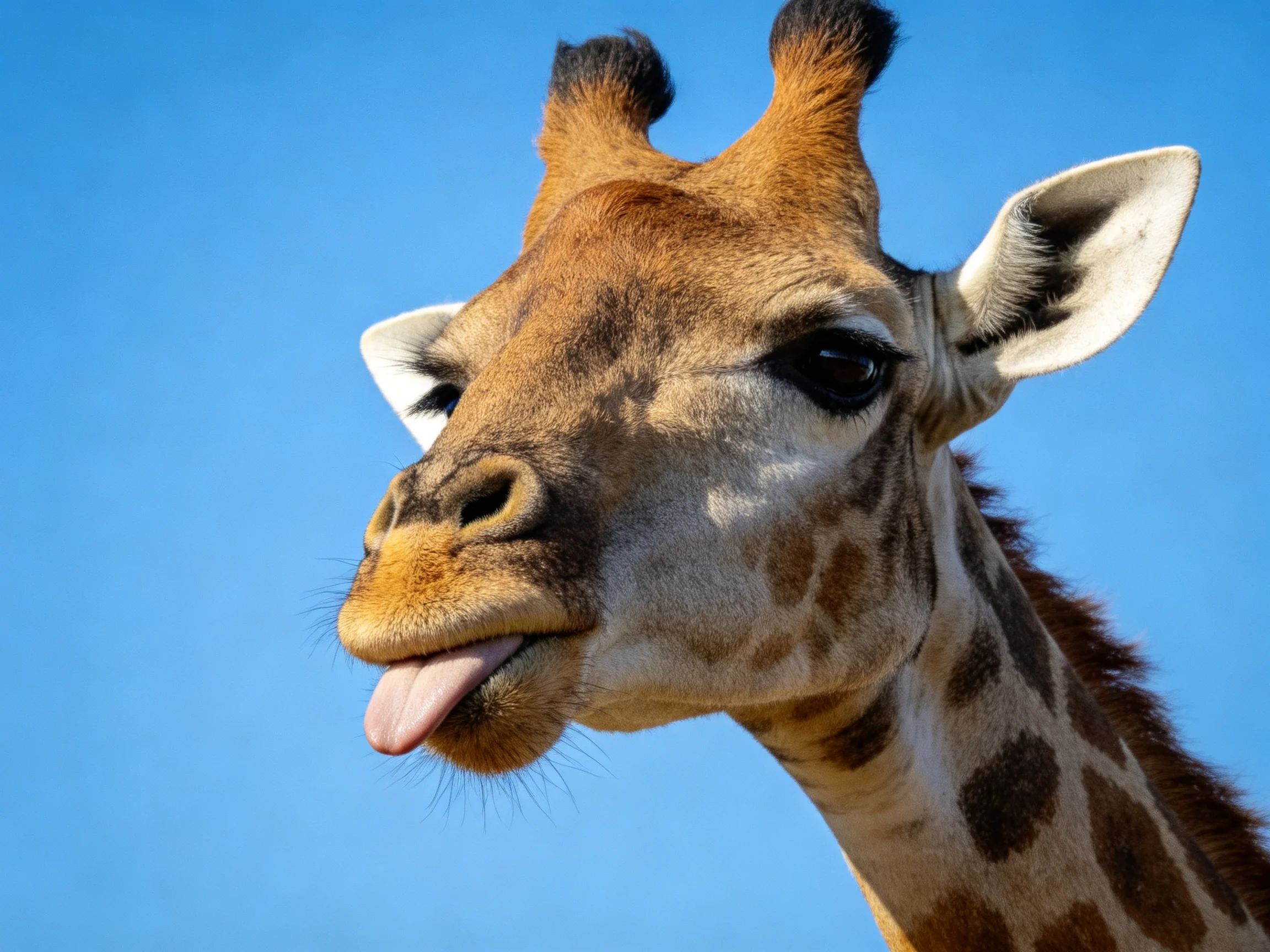 A curious giraffe sticks tongue out with distinct brown spots on neck