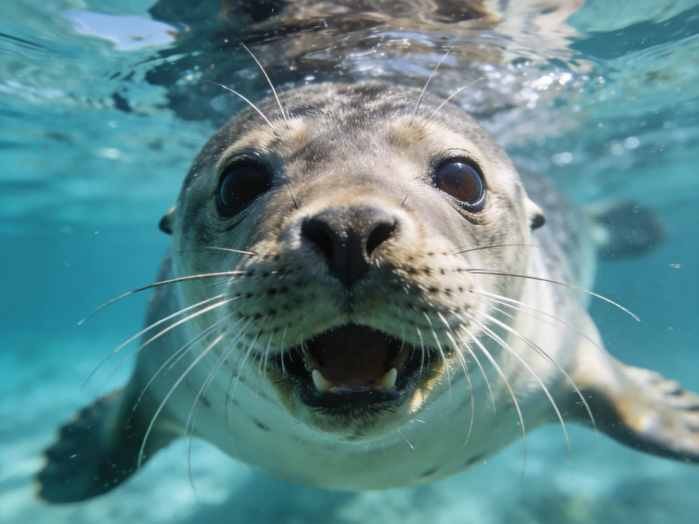 A curious gray seal swims toward the camera in clear turquoise water