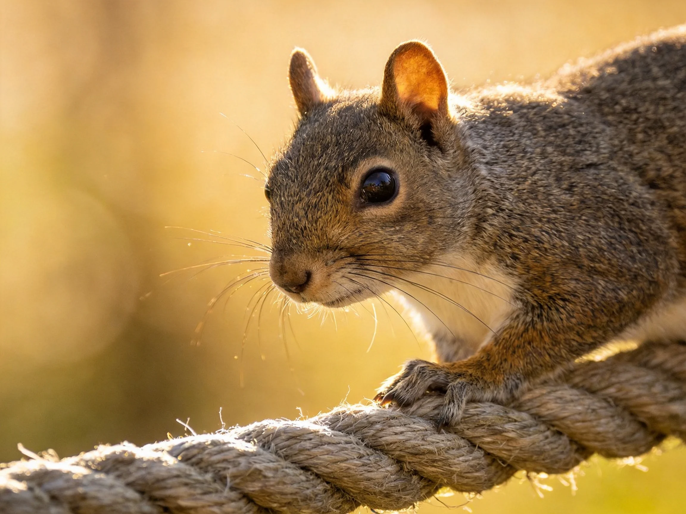 A curious gray squirrel balancing on a thick rope under golden light