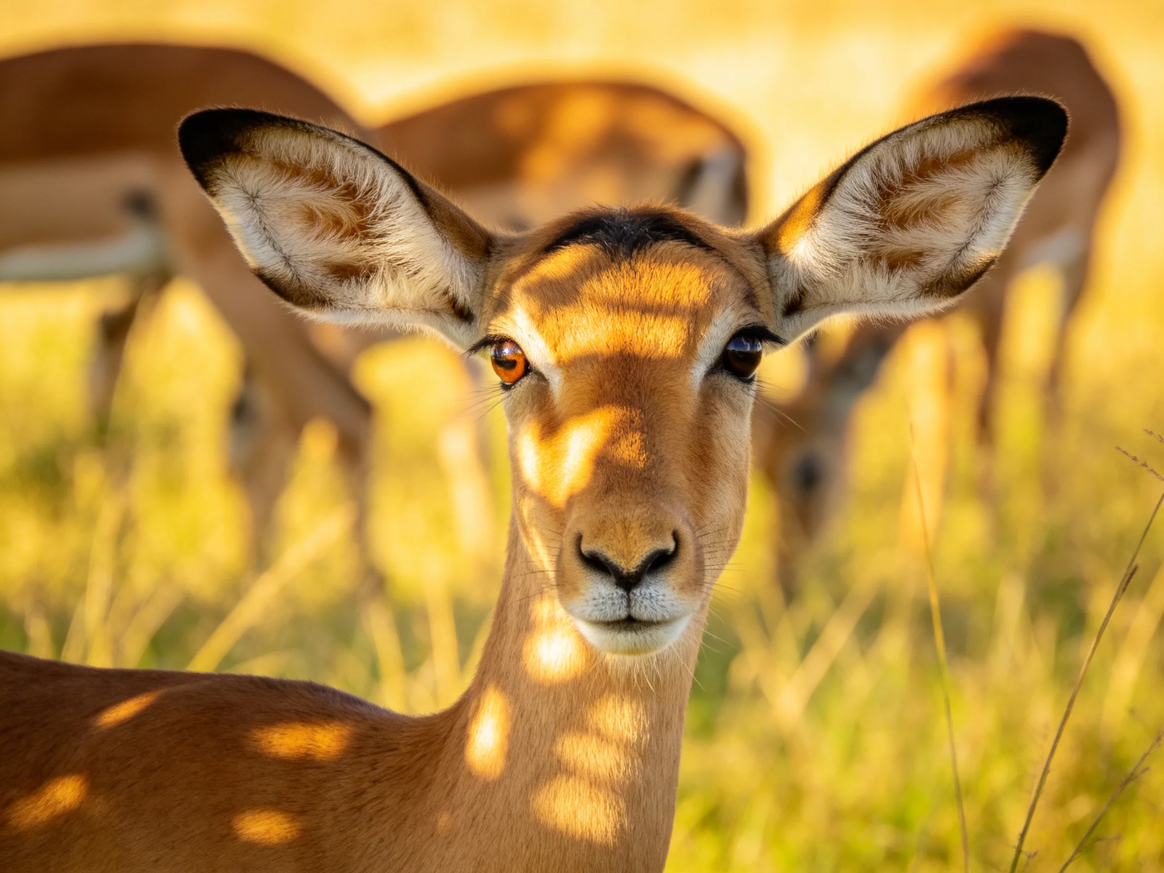 An impala stares directly at the viewer in a sunlitgrassland.