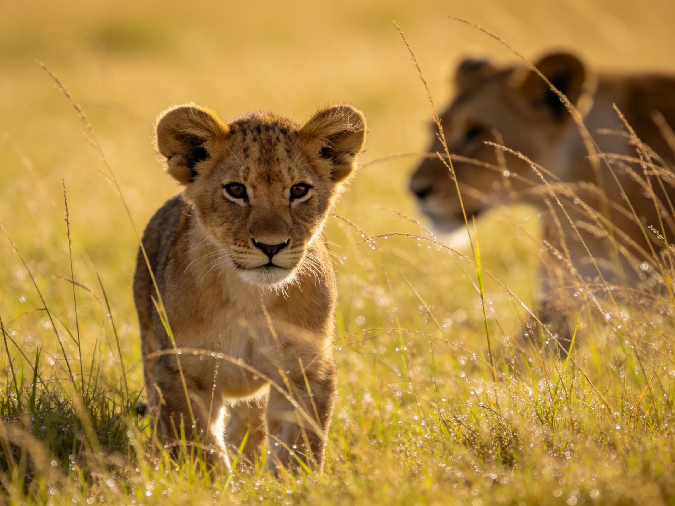 A curious lion cub and an adult lioness in golden savannah grass
