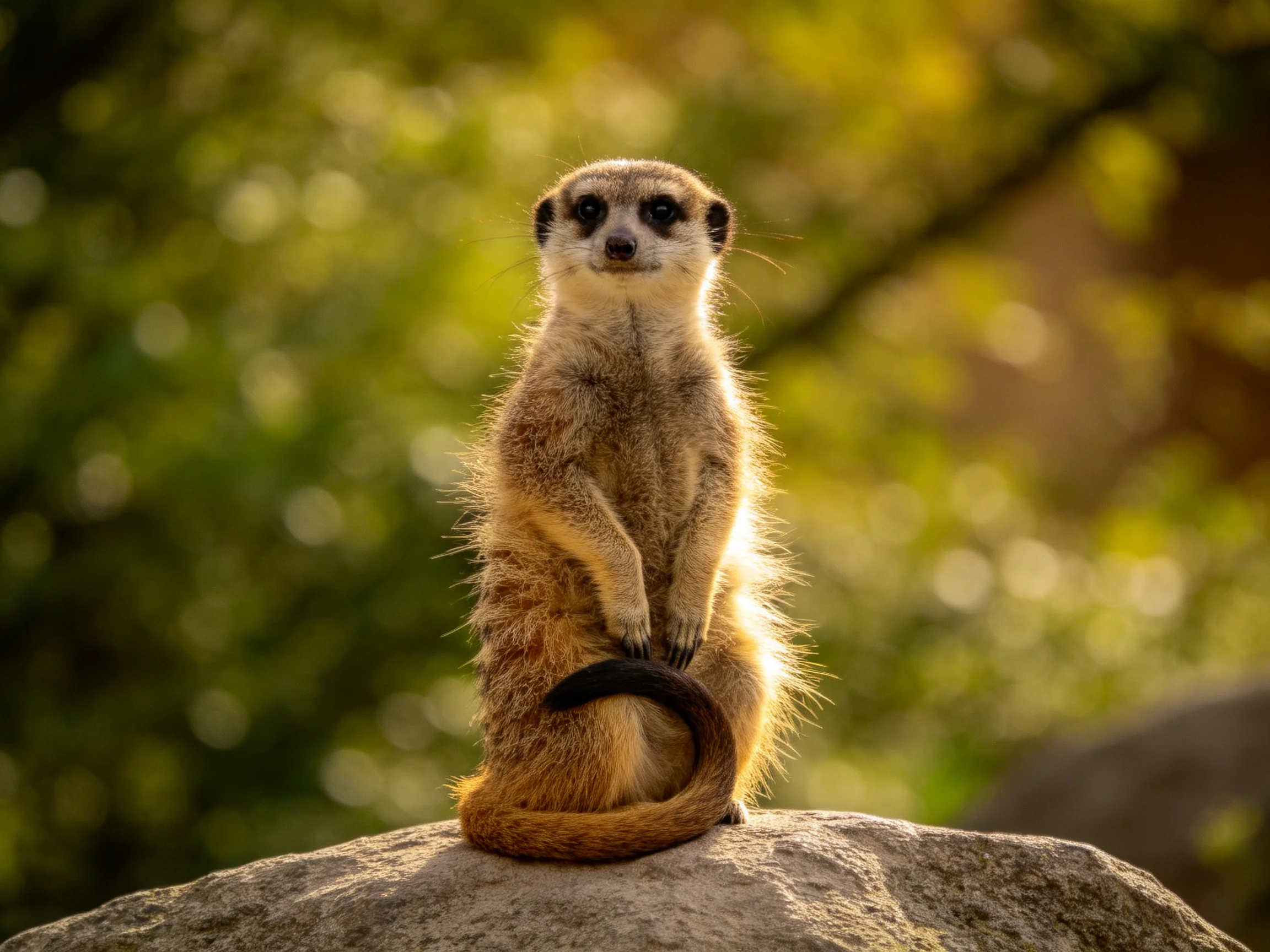 A curious meerkat stands on a large rock with green foliage in the background.